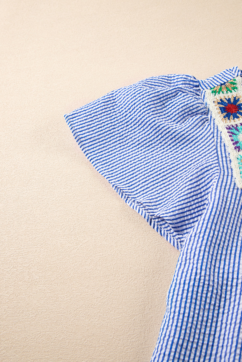 Sky Blue Stripe Textured Ruffle Short Sleeve Boho Detail Square Neck Blouse eAura