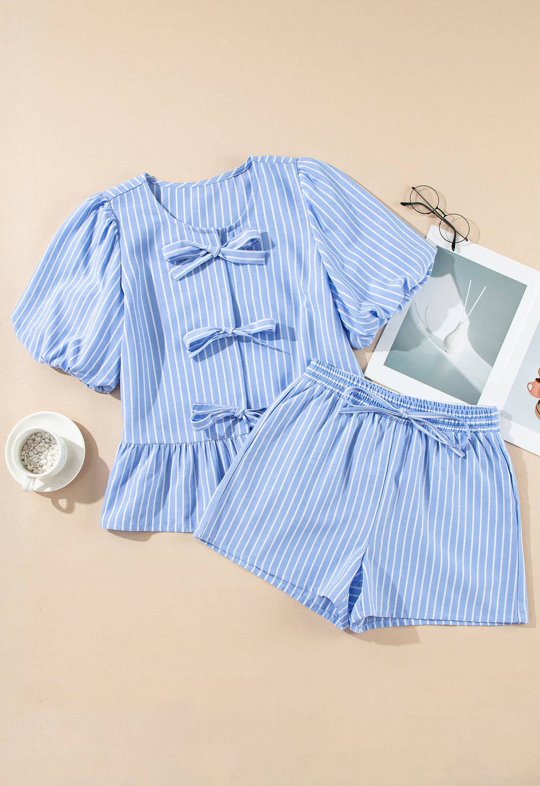 Sky Blue Striped Bowknot Detail Puffy Sleeve Top and Shorts 2Pcs Set eAura