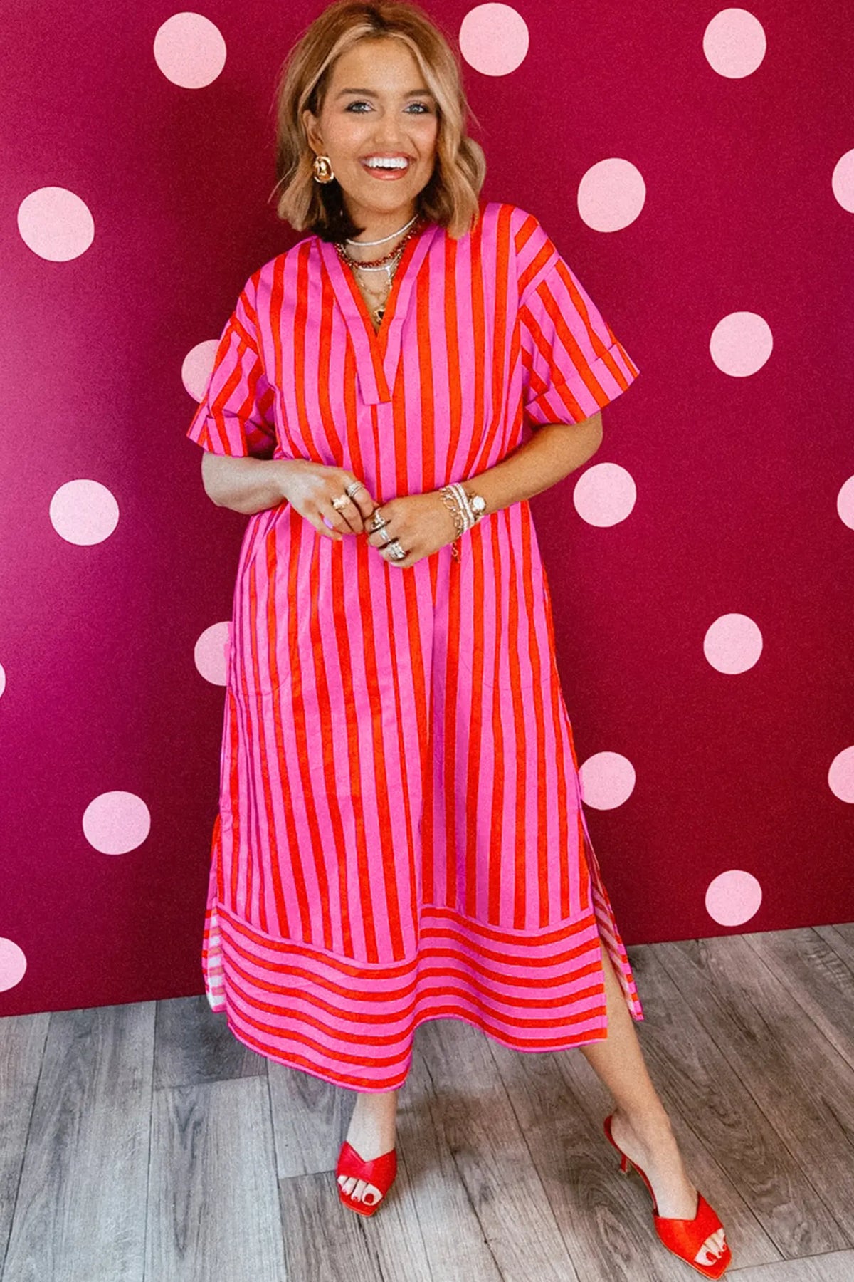 V Neck Cuffed Sleeve Relaxed Split Midi Dress – Red Stripe