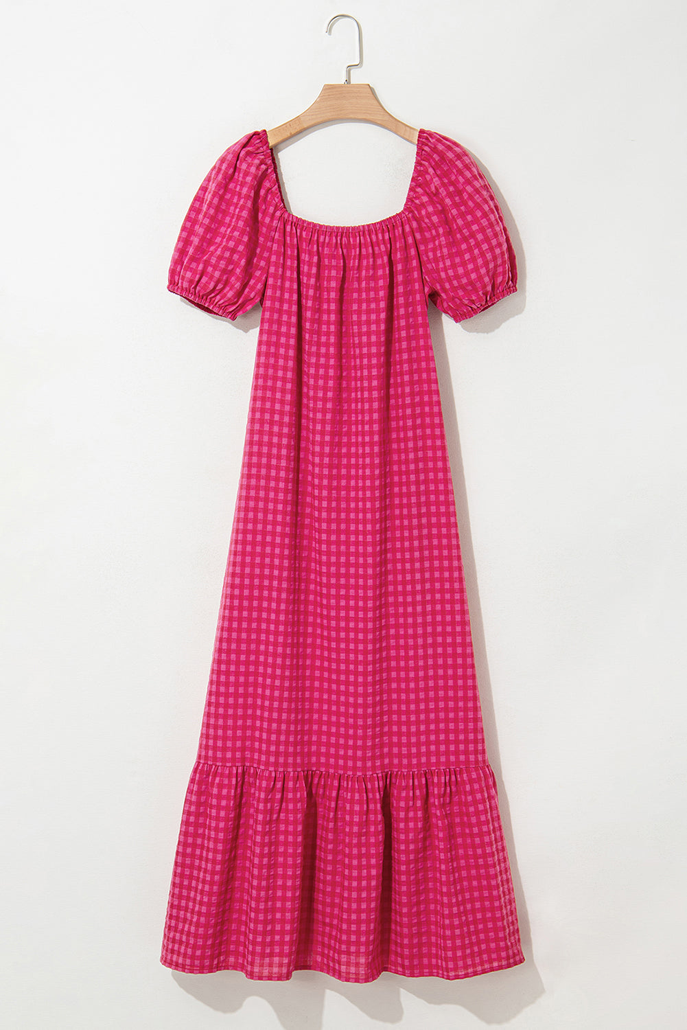 Rose Ginham Check Bubble Sleeve Ruffled Maxi Dress - eAura