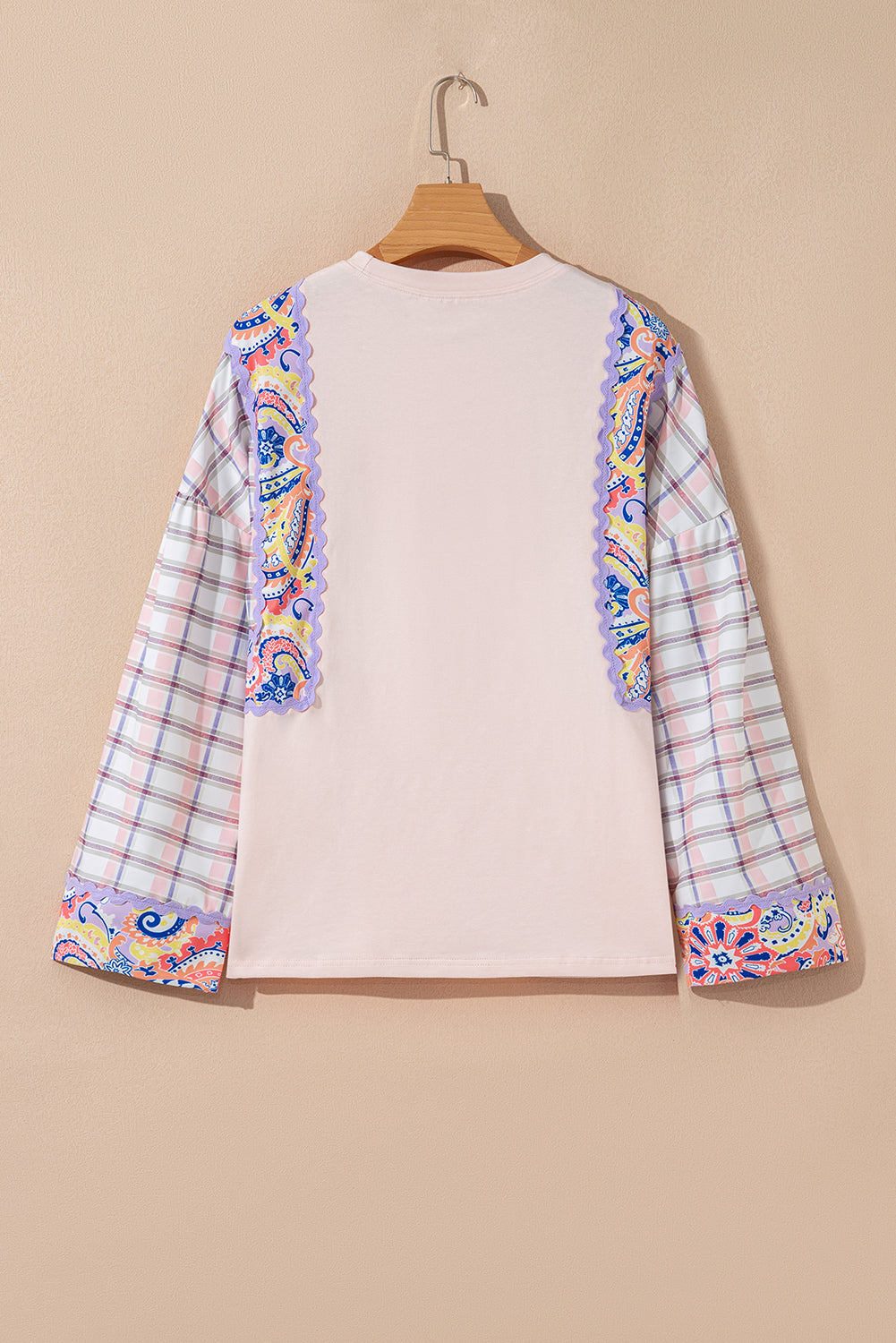 Ricrac Trim Floral Plaid Patchwork Puff Sleeve Blouse - eAura