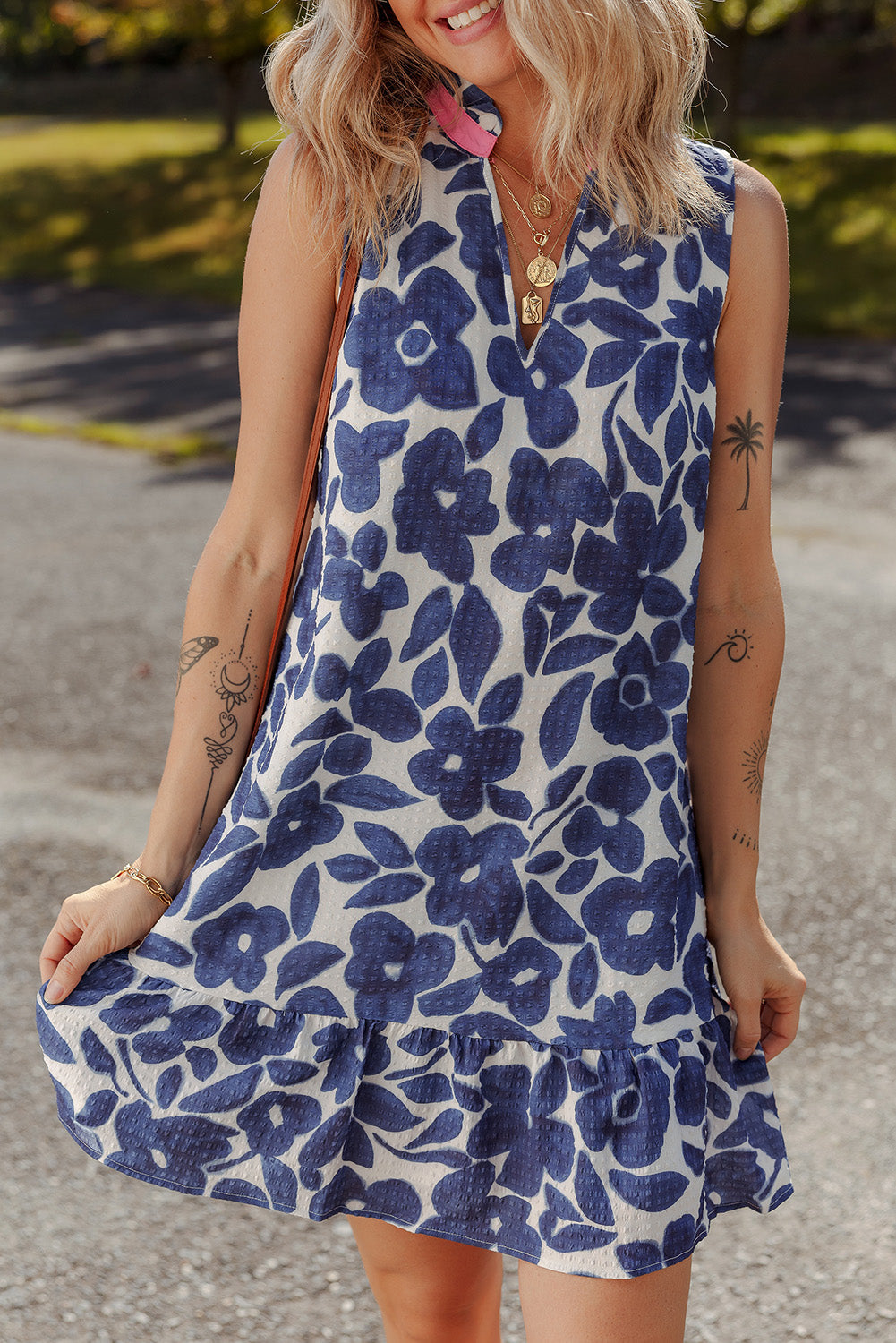 Blue Floral Sleeveless Notched V Neck Mini Dress eAura