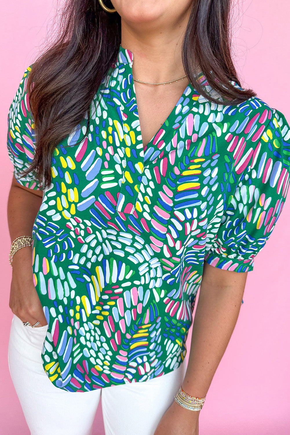Green Brushwork Geometric Print Puff Sleeve Notched Neck Blouse eAura