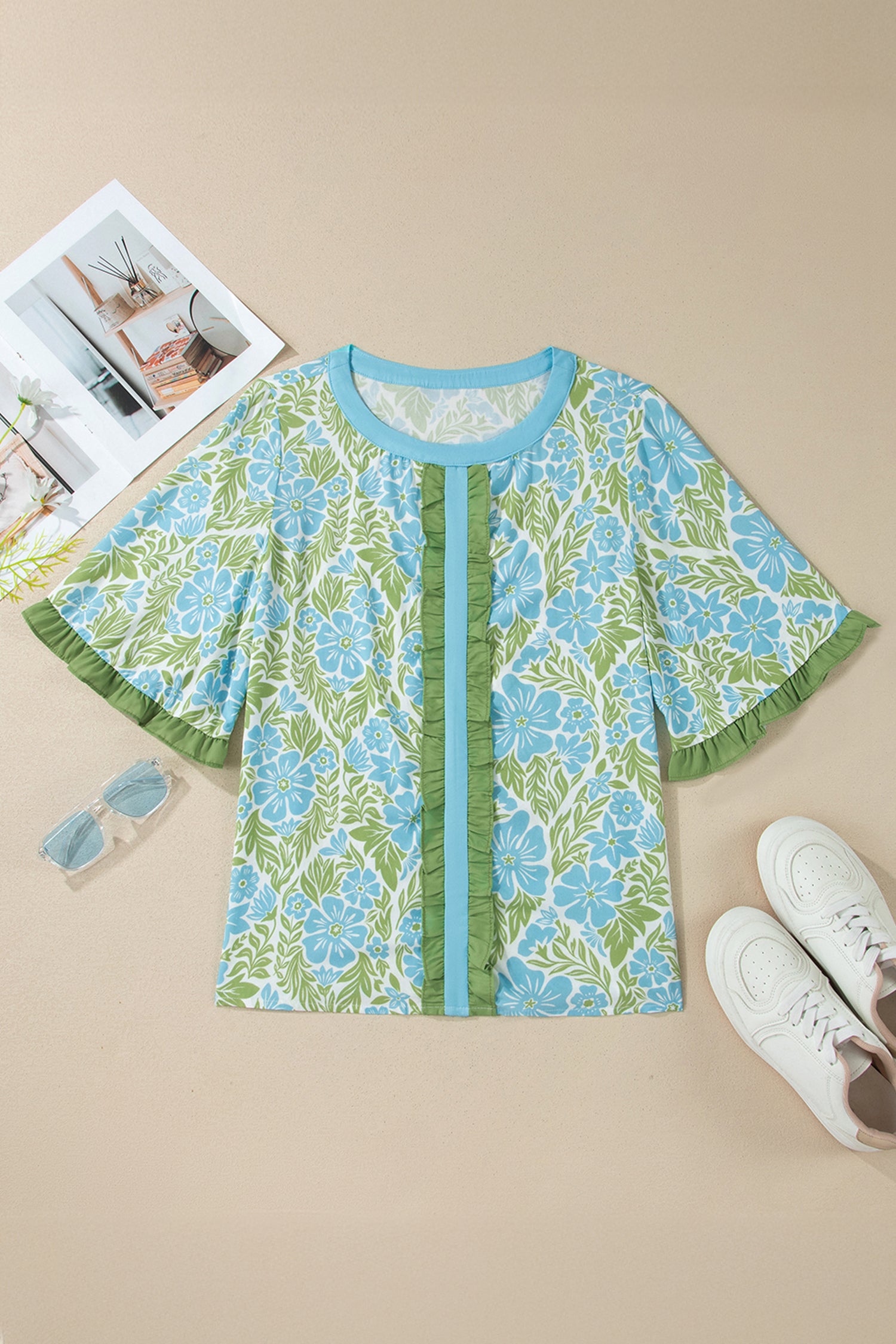 Floral Print Ruffled Color Block Trim Half Sleeve Blouse – Rose