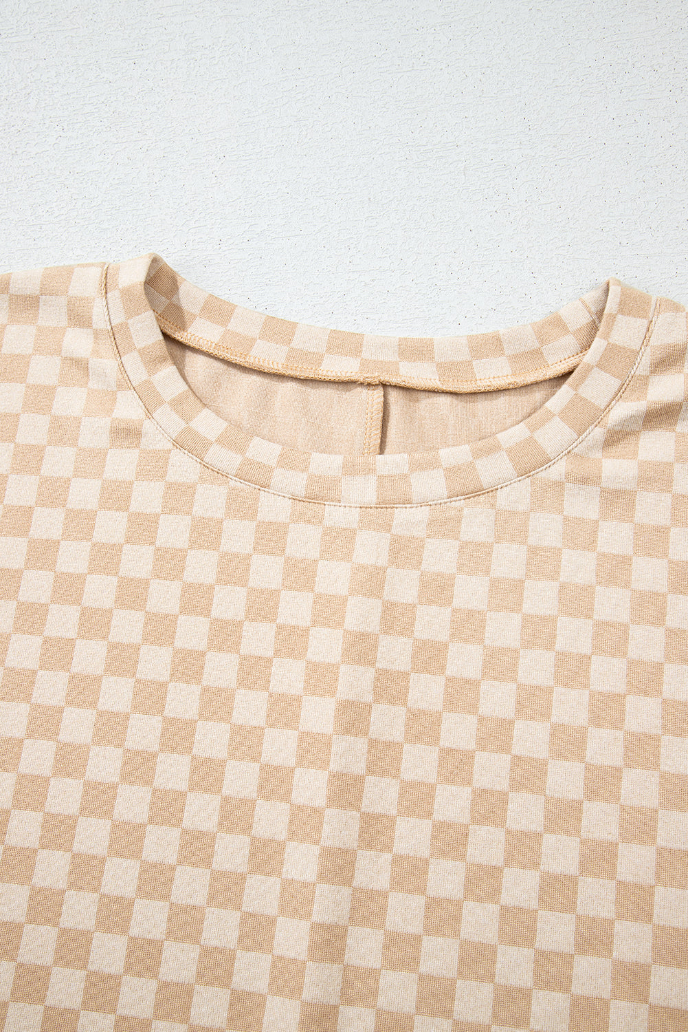 Khaki Checkerboard Short Batwing Sleeve Round Neck Plus Size T Shirt BB Fashion Outlet