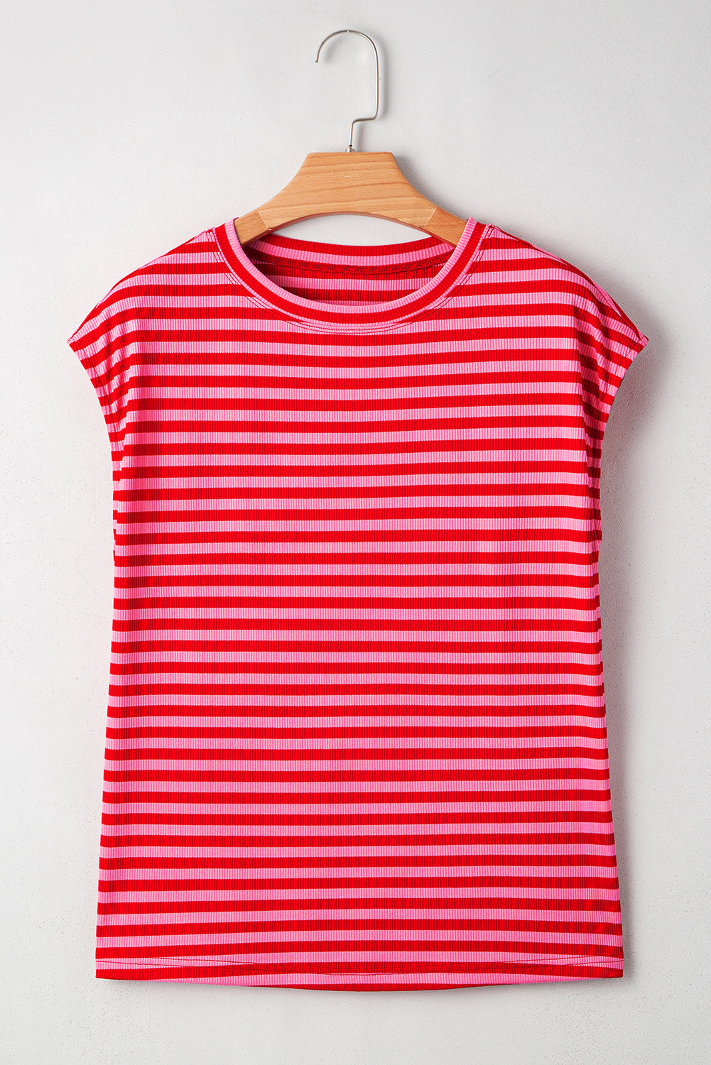 Red Stripe Ribbed Cap Sleeve Round Neck T Shirt - eAura