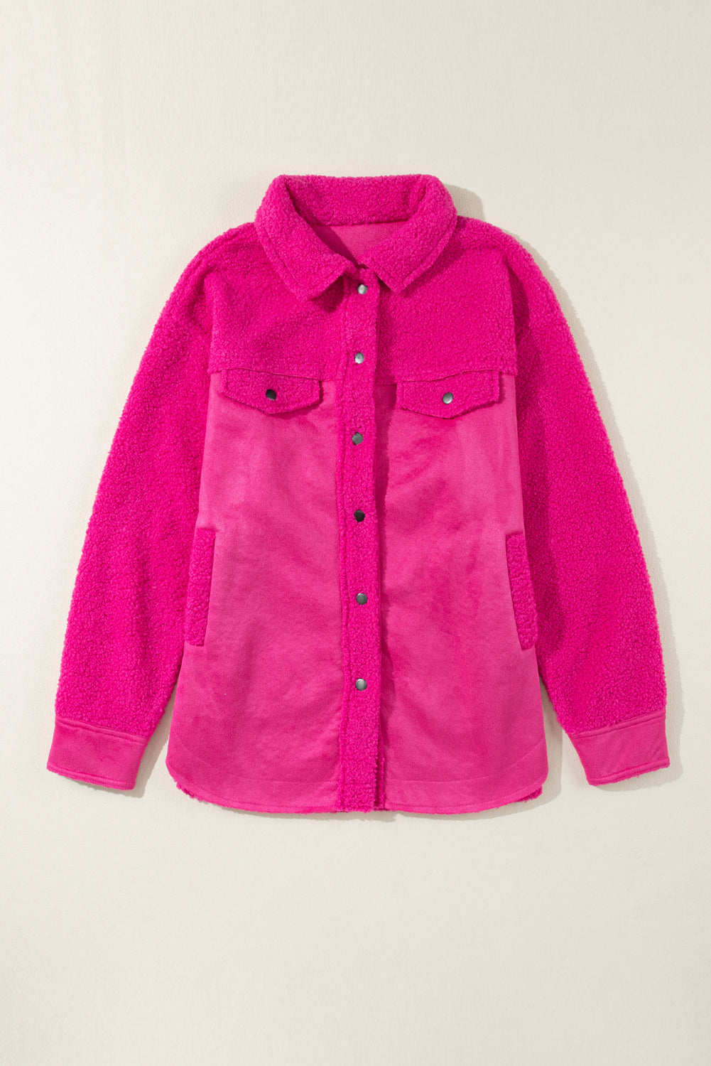 Bright Pink Faux Suede Sherpa Patchwork Button-up Shacket Beagle Boutique Fashion Outlet
