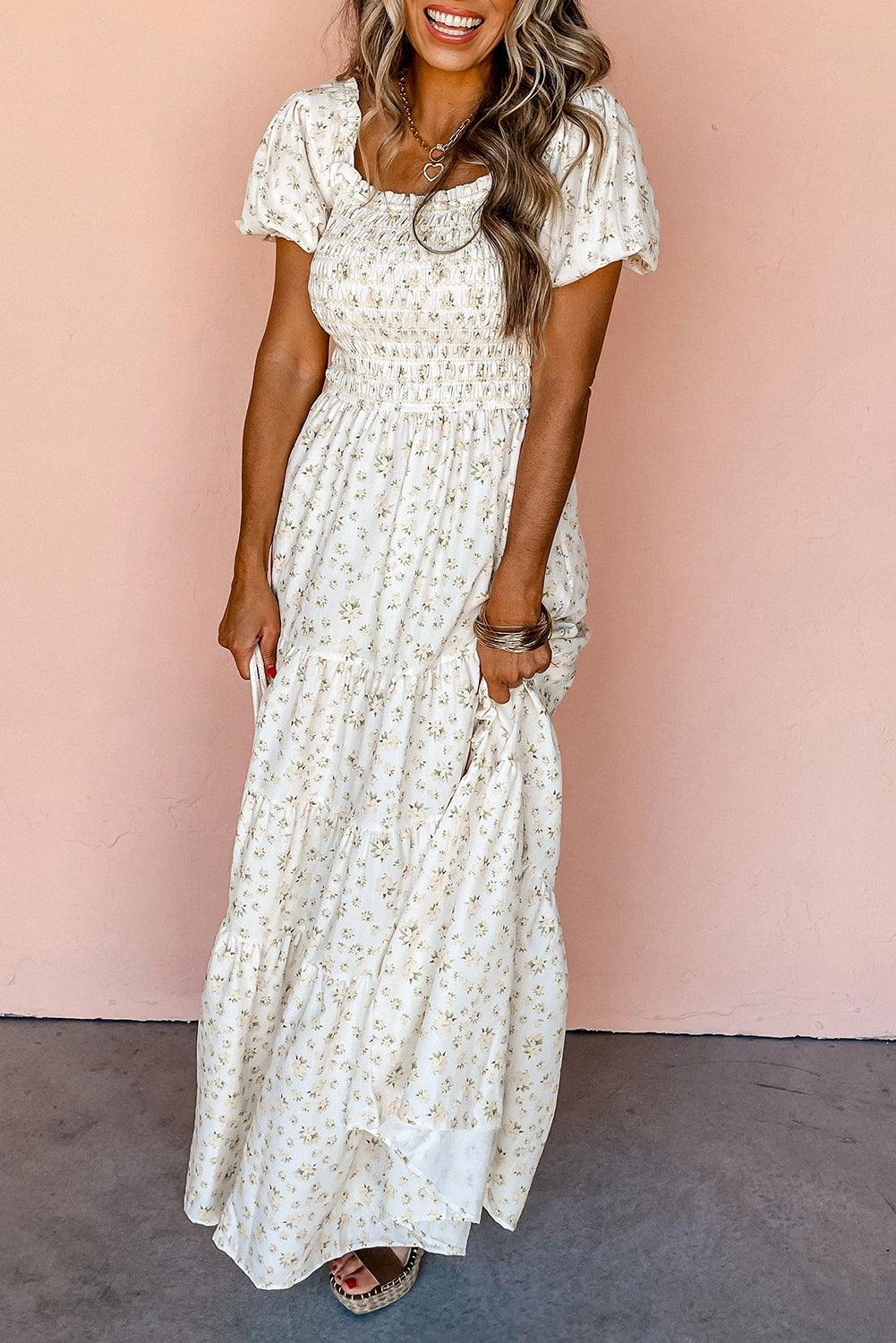 White Frilly Shirred Bodice Tiered Floral Maxi Dress eAura