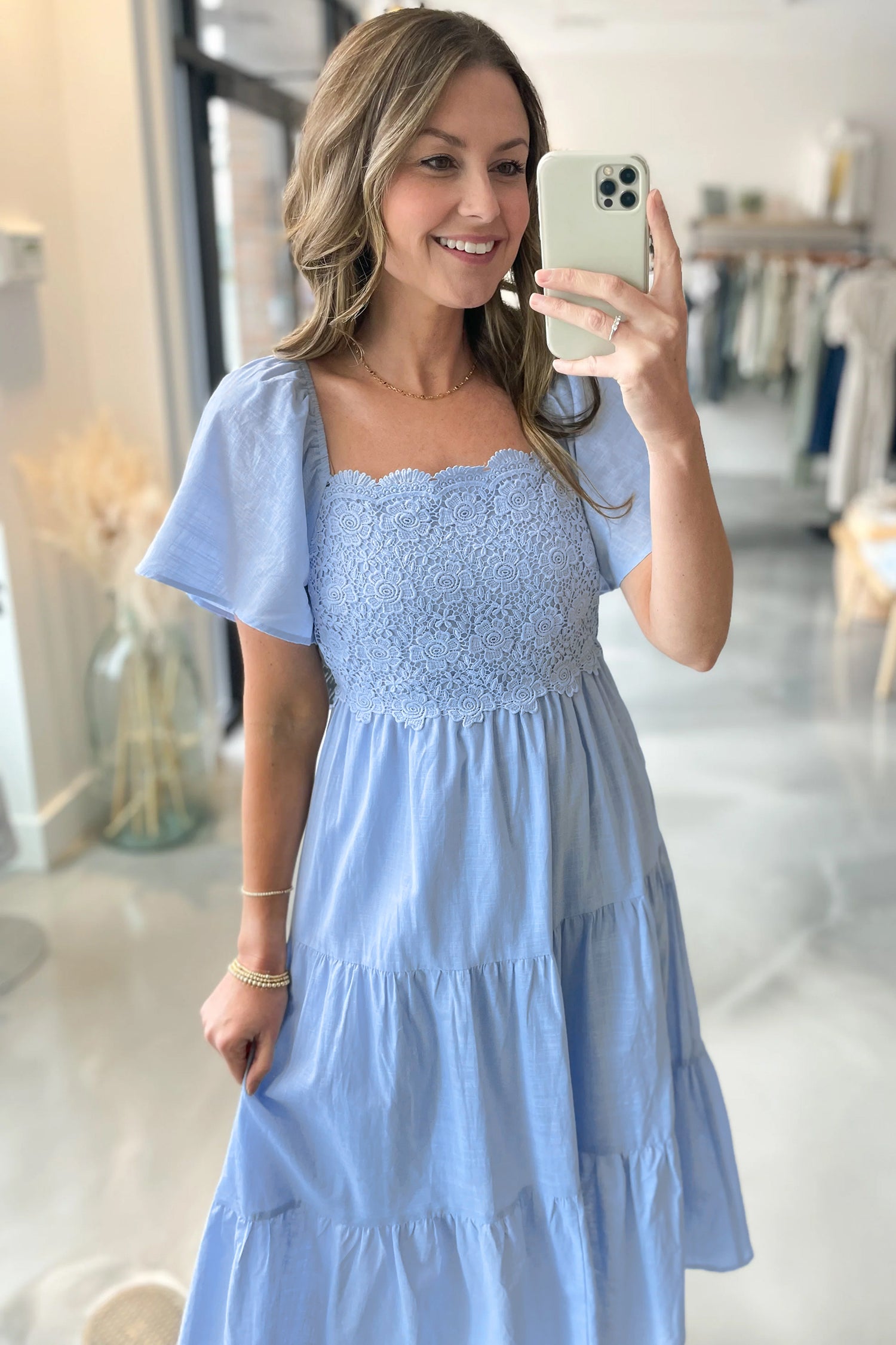 Flowy Short Sleeve Lace Detail Square Neck Tiered Midi Dress