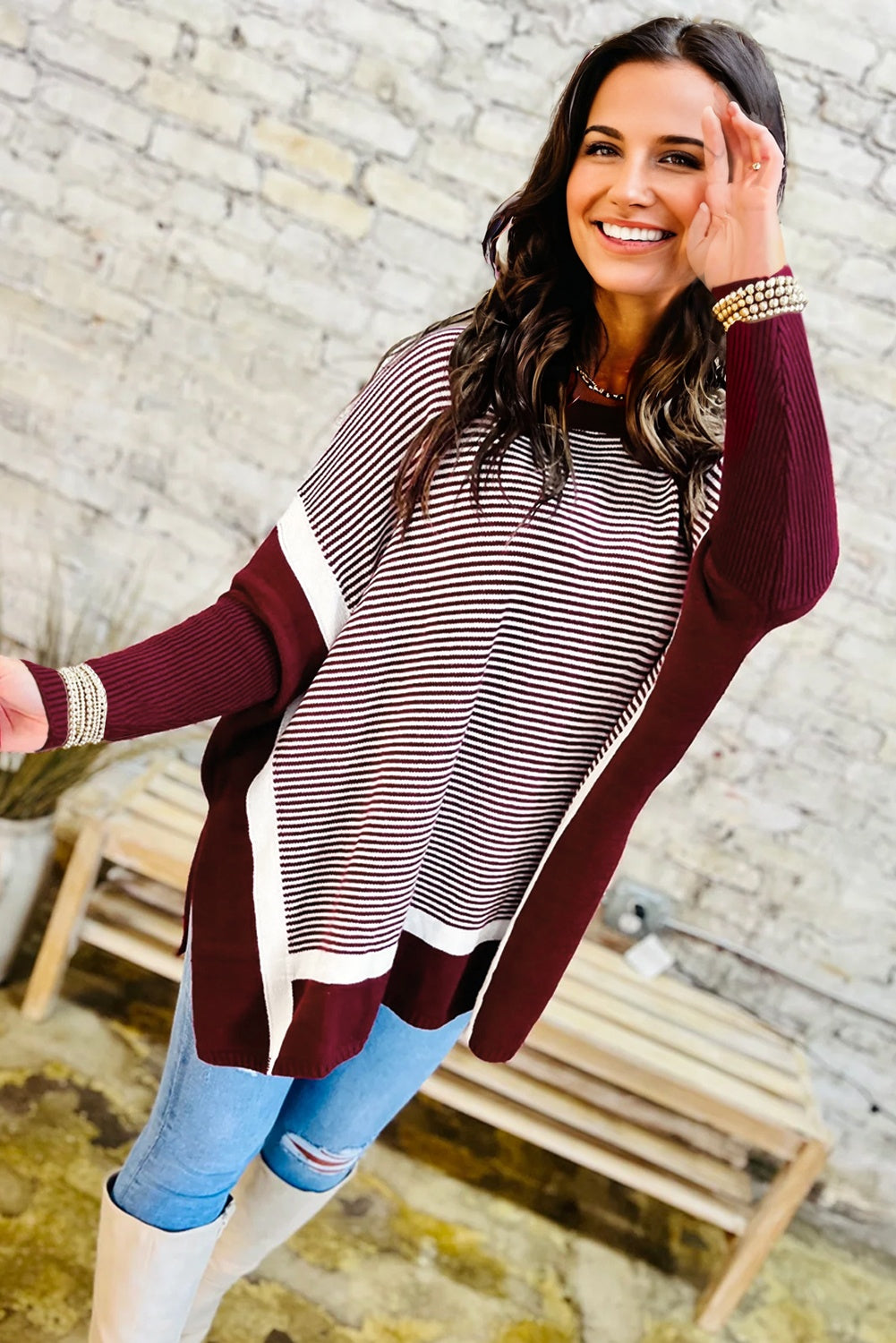 Striped Dolman Oversize Tunic Sweater - eAura