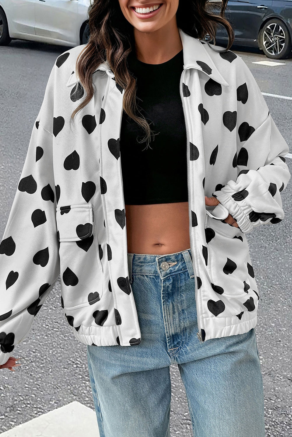 White Double Flap Pocket Heart Print Collar Zip Jacket eAura