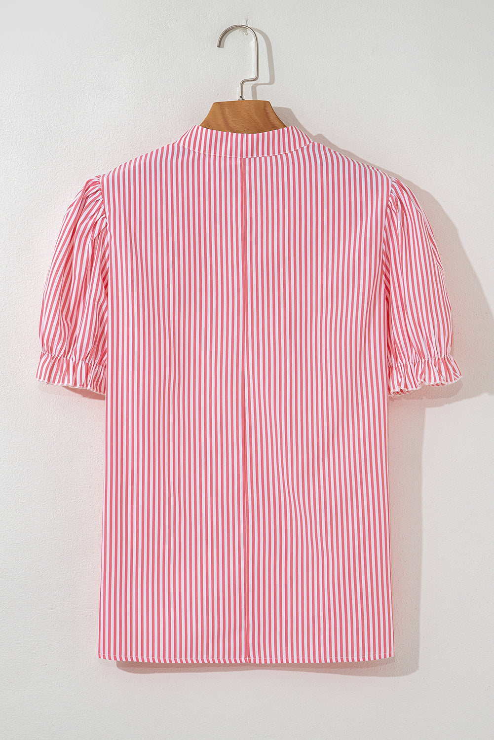Pink Stripe Notched Neck Frilled Short Puff Sleeve Blouse eAura