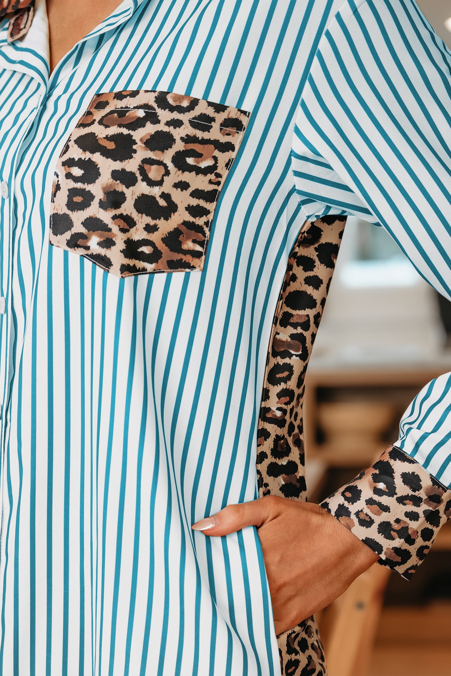 Stripe Contrast Leopard Patchwork Long Shirt Dress with Slits