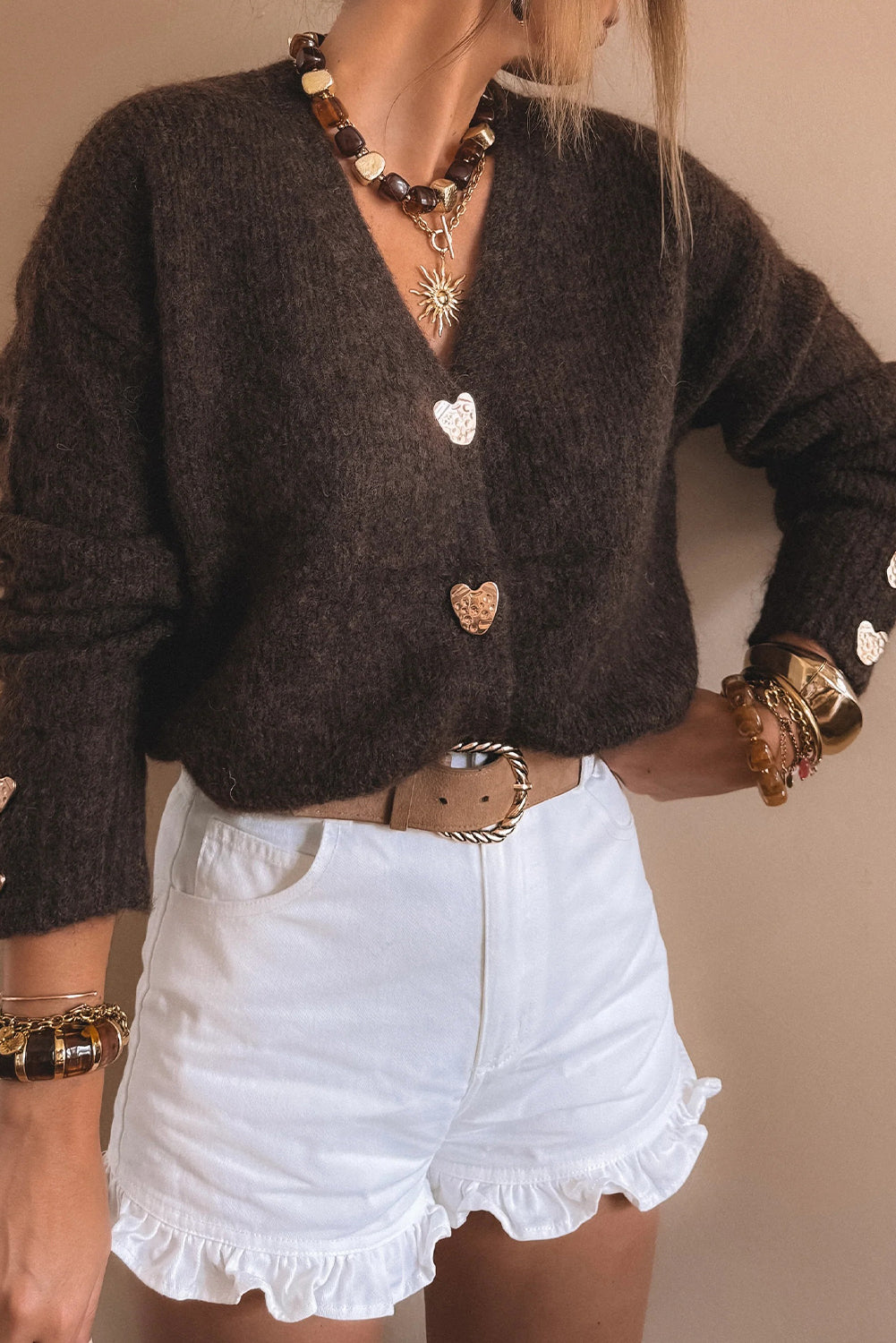 Heart Metal Button V-Neck Cardigan