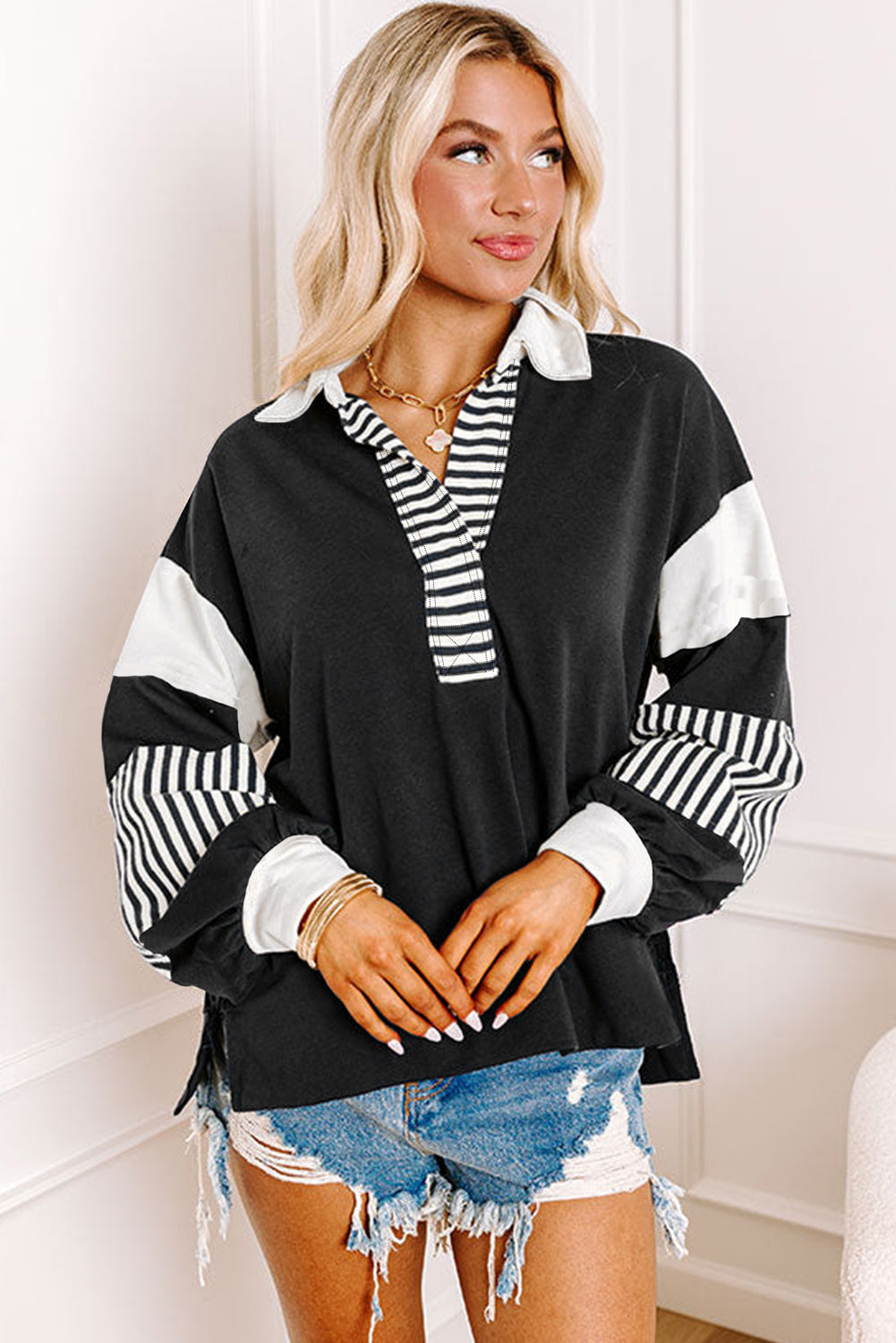 Black Striped Colourblock Patchwork Collar Sweatshirt eAura