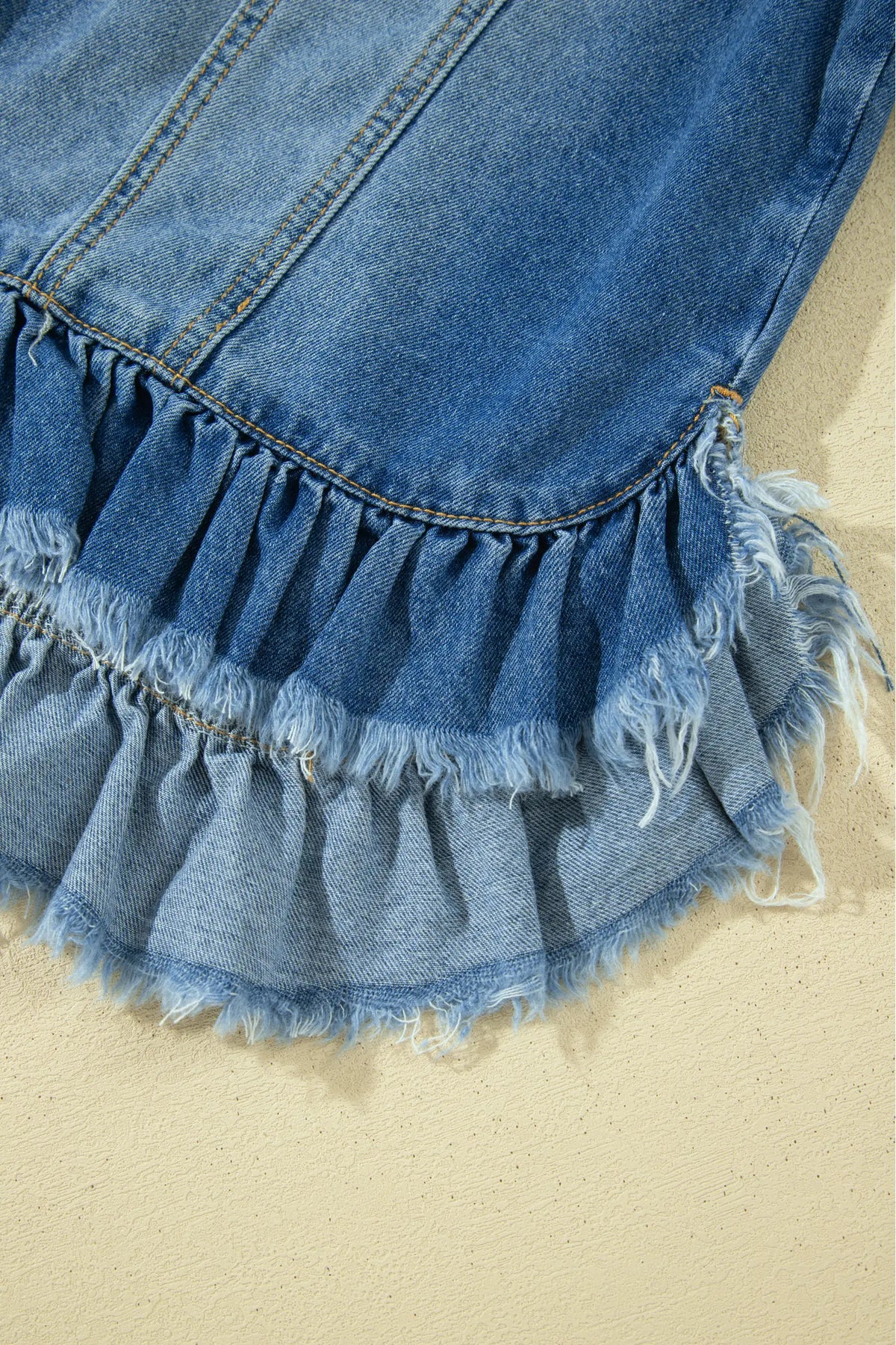 Ruffle Hem Raw Edge Half Sleeve Western Denim Jacket – Blue