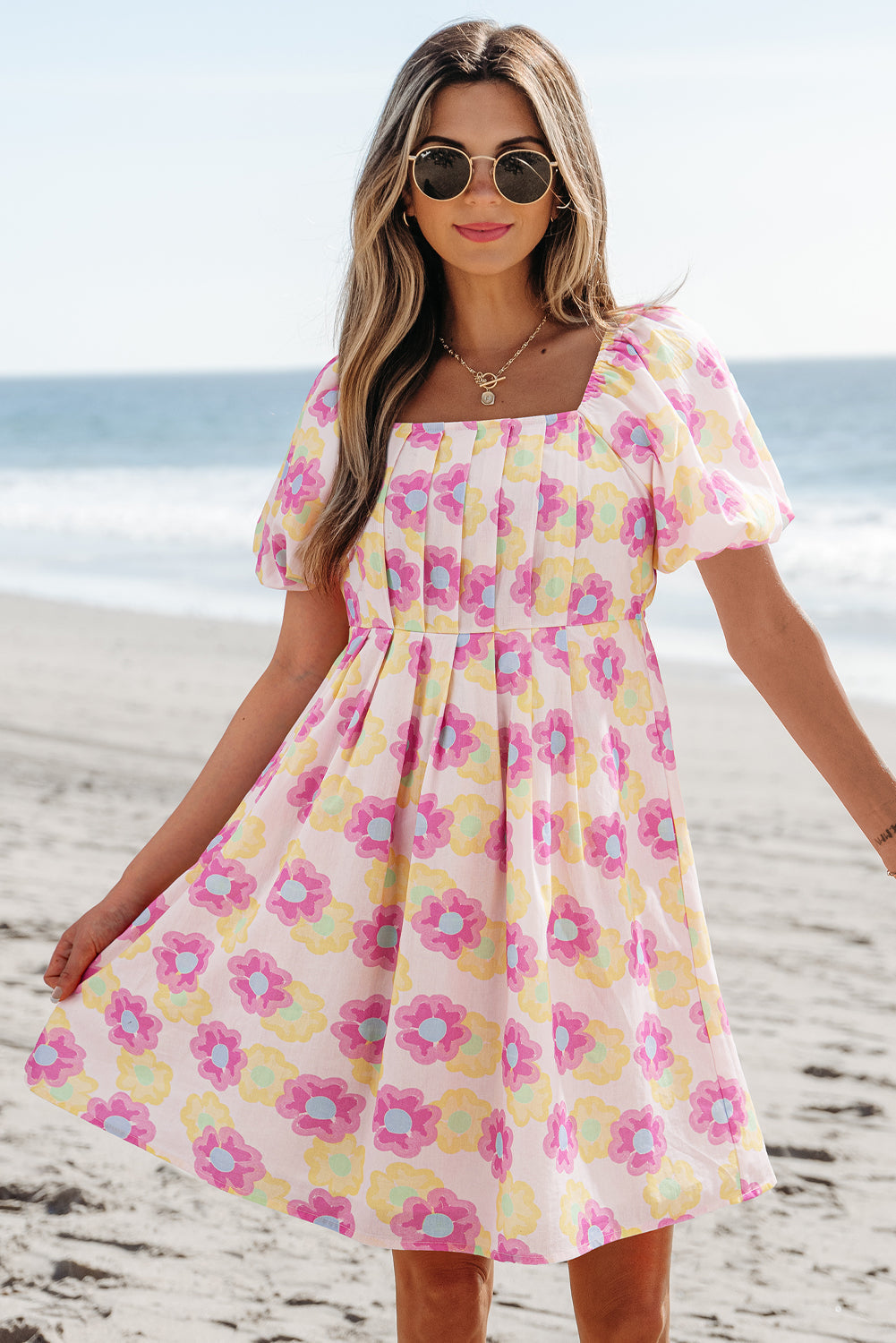 Rose Vibrant Floral Square Neck Puff Sleeve Pleated Flared Midi Dress eAura