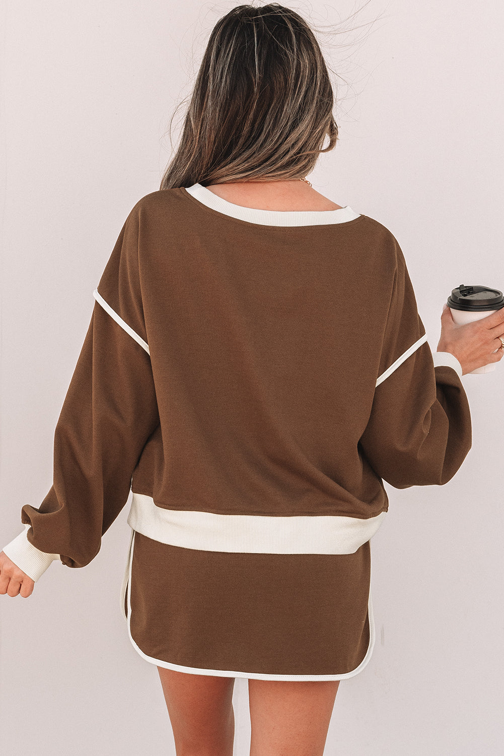 Coffee Colour Contrast Loose Pullover and Lace-up Waist Skort Set eAura