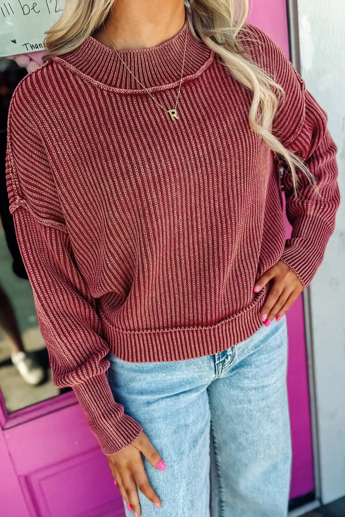 Red Dahlia Drop Shoulder High Neck Ribbed Sweater – Burgundy