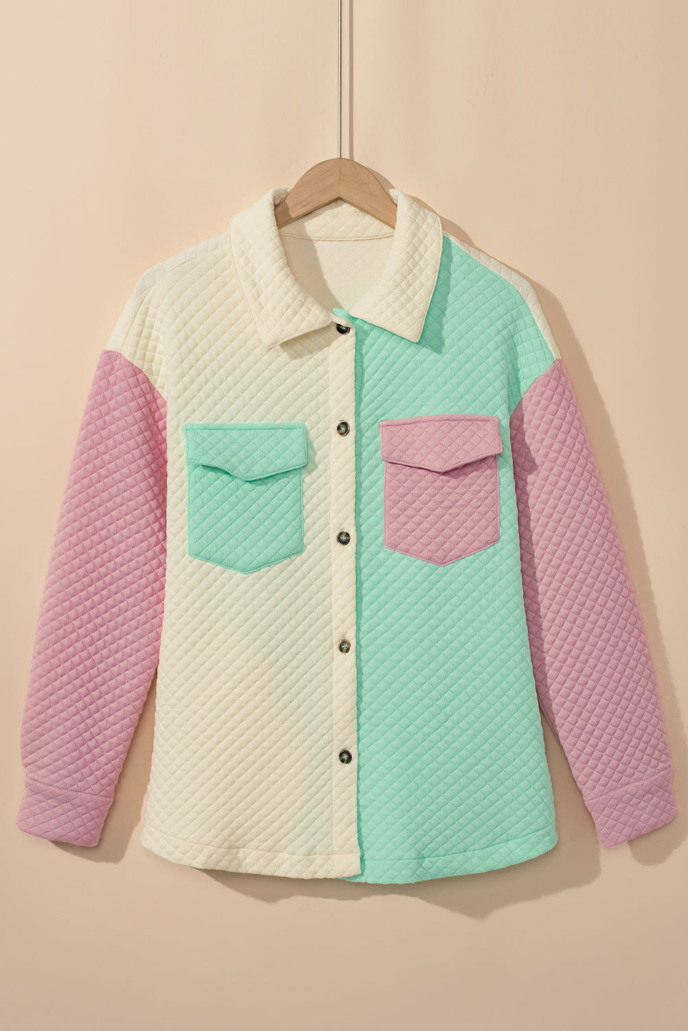 Green Color Block Patchwork Flap Pocket Quilted Shacket BB Fashion Outlet