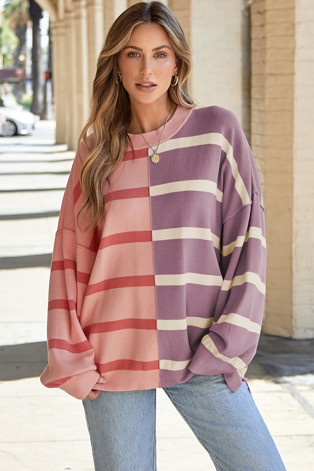 Pink Stripe Colourblock Oversized Sweater eAura