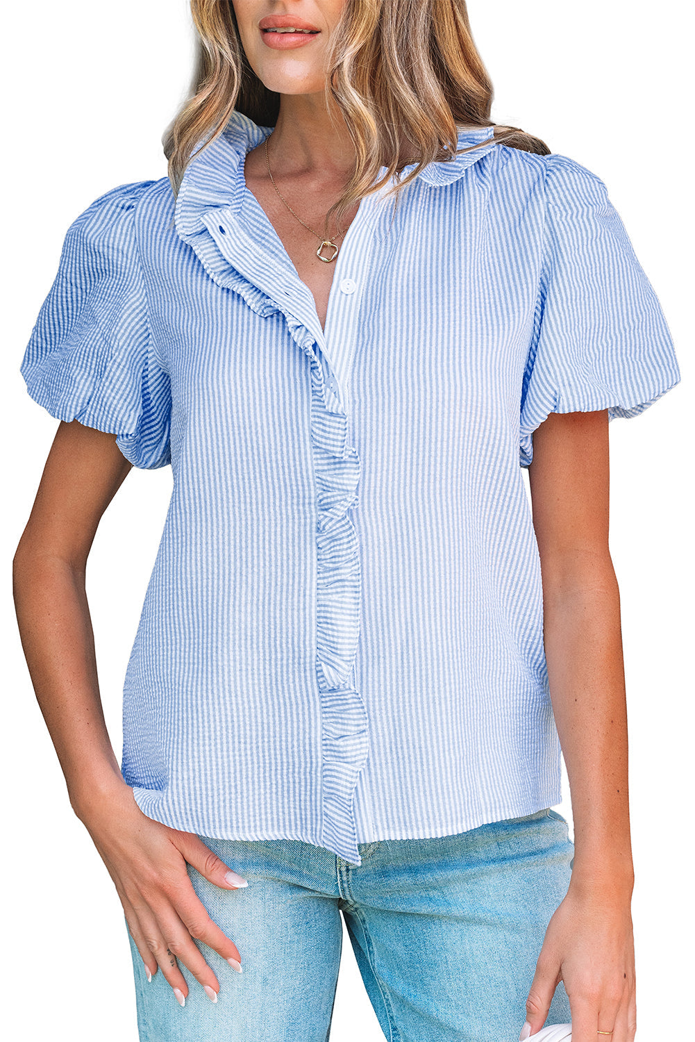 Striped Ruffle Short Bubble Sleeve Shirt eAura
