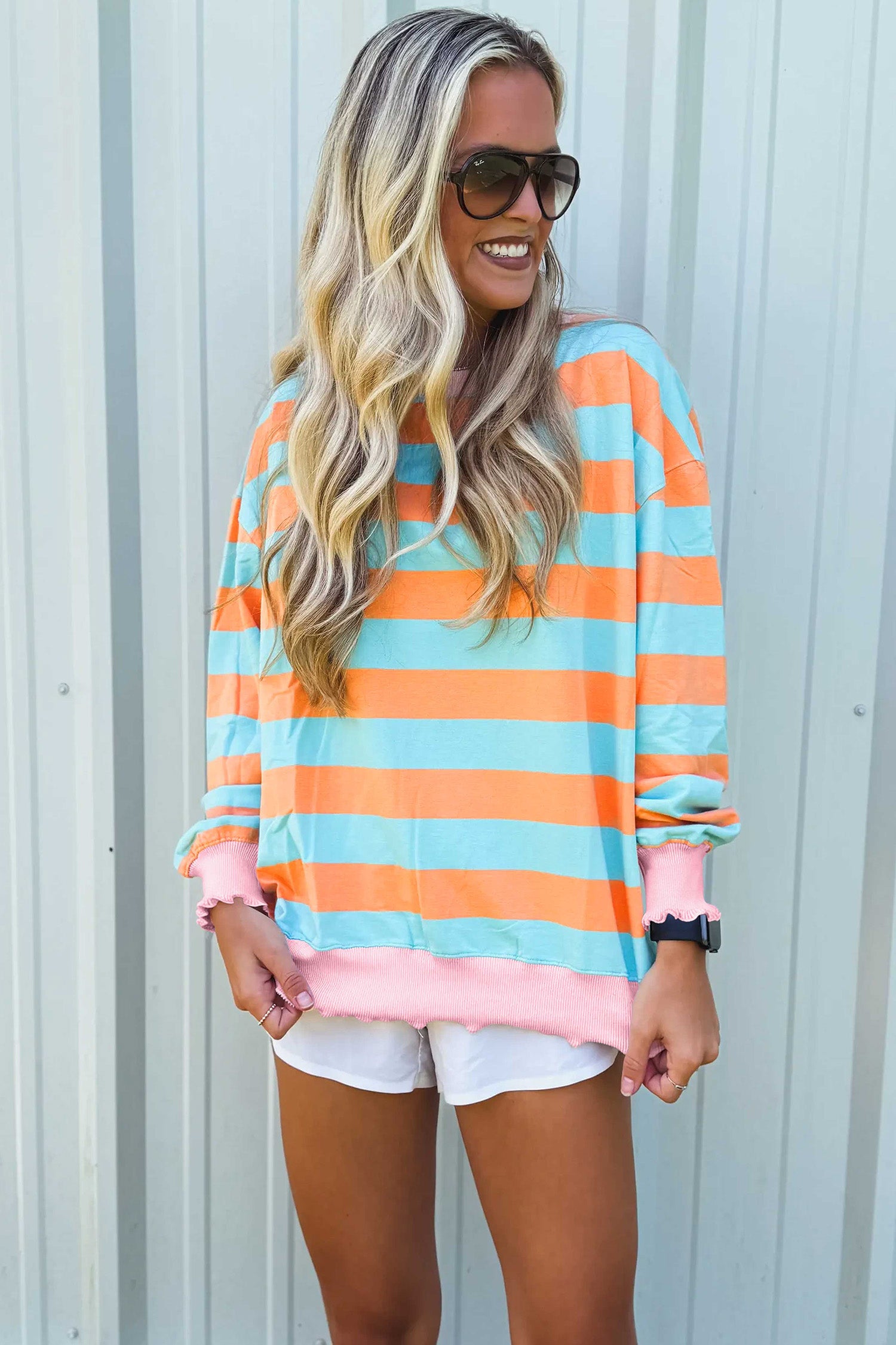 Ribbed Color Block Trim Round Neck Long Sleeve Shift Top – Orange Stripe