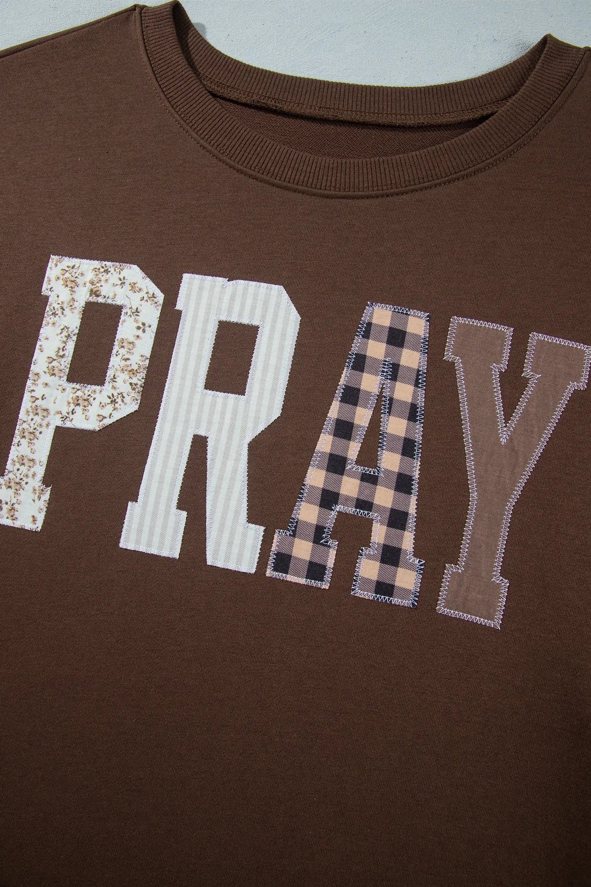 Coffee PRAY Letter Patchwork Round Neck Long Sleeve Plus Size Sweatshirt – Brown