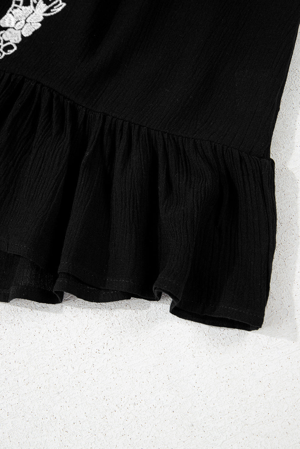 Black Floral Embroidery Ruffled Spaghetti Straps Tank Top eAura