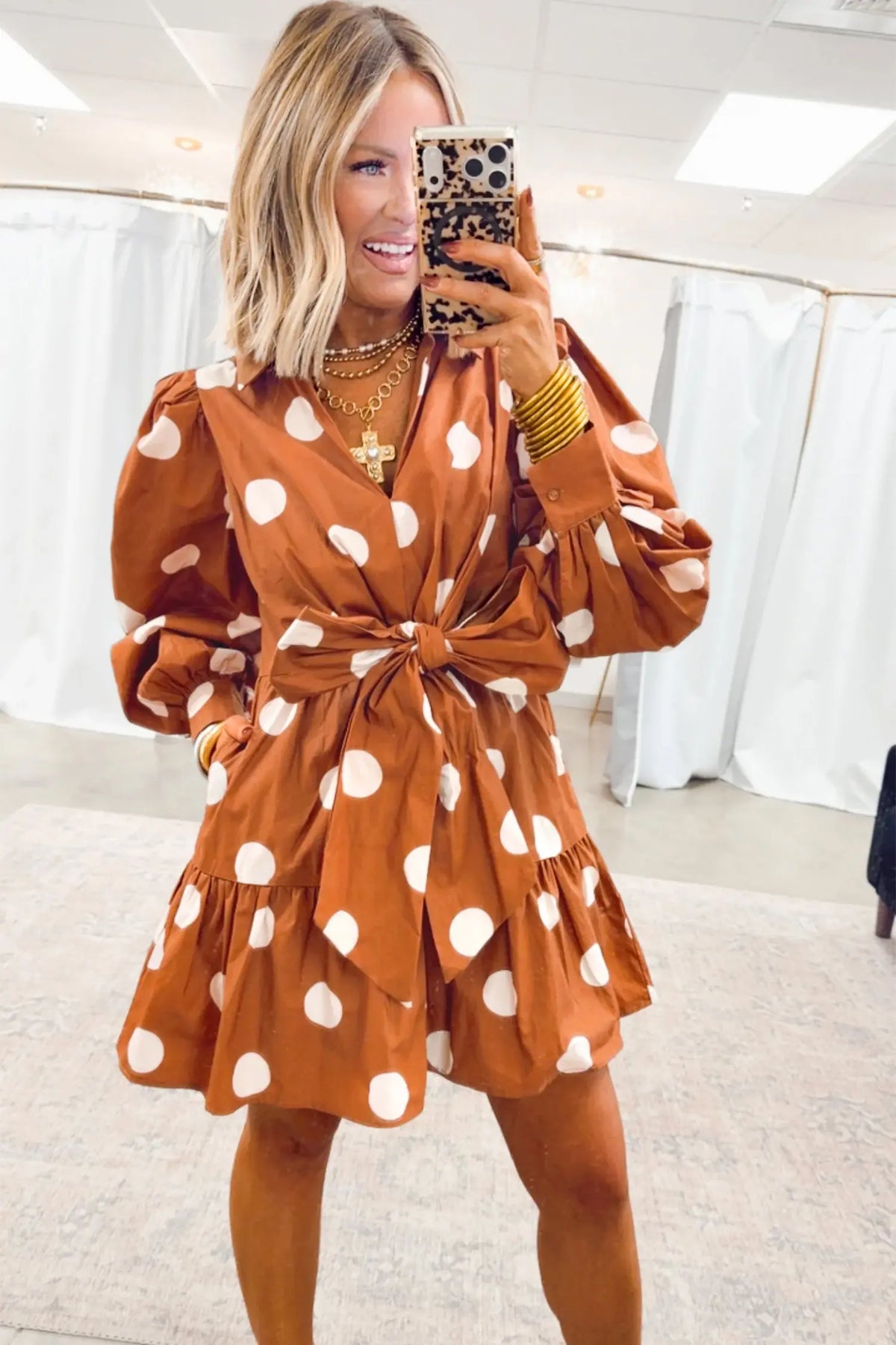 Polka Dot Long Sleeve Tie Waist Casual Shift Mini Dress – Brown
