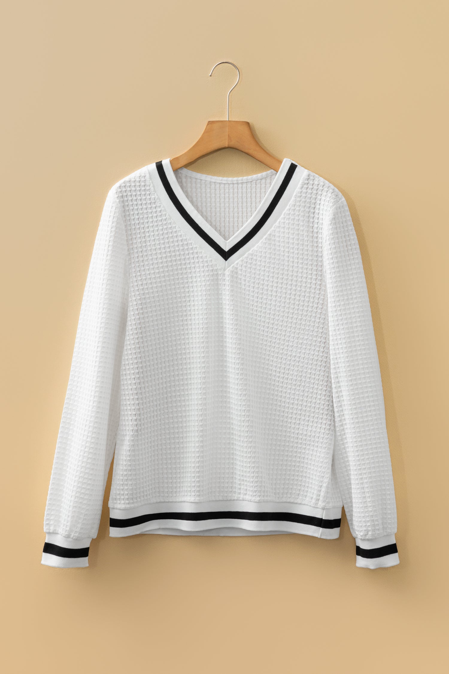 Textured Preppy Striped Trim V-Neck Pullover - eAura