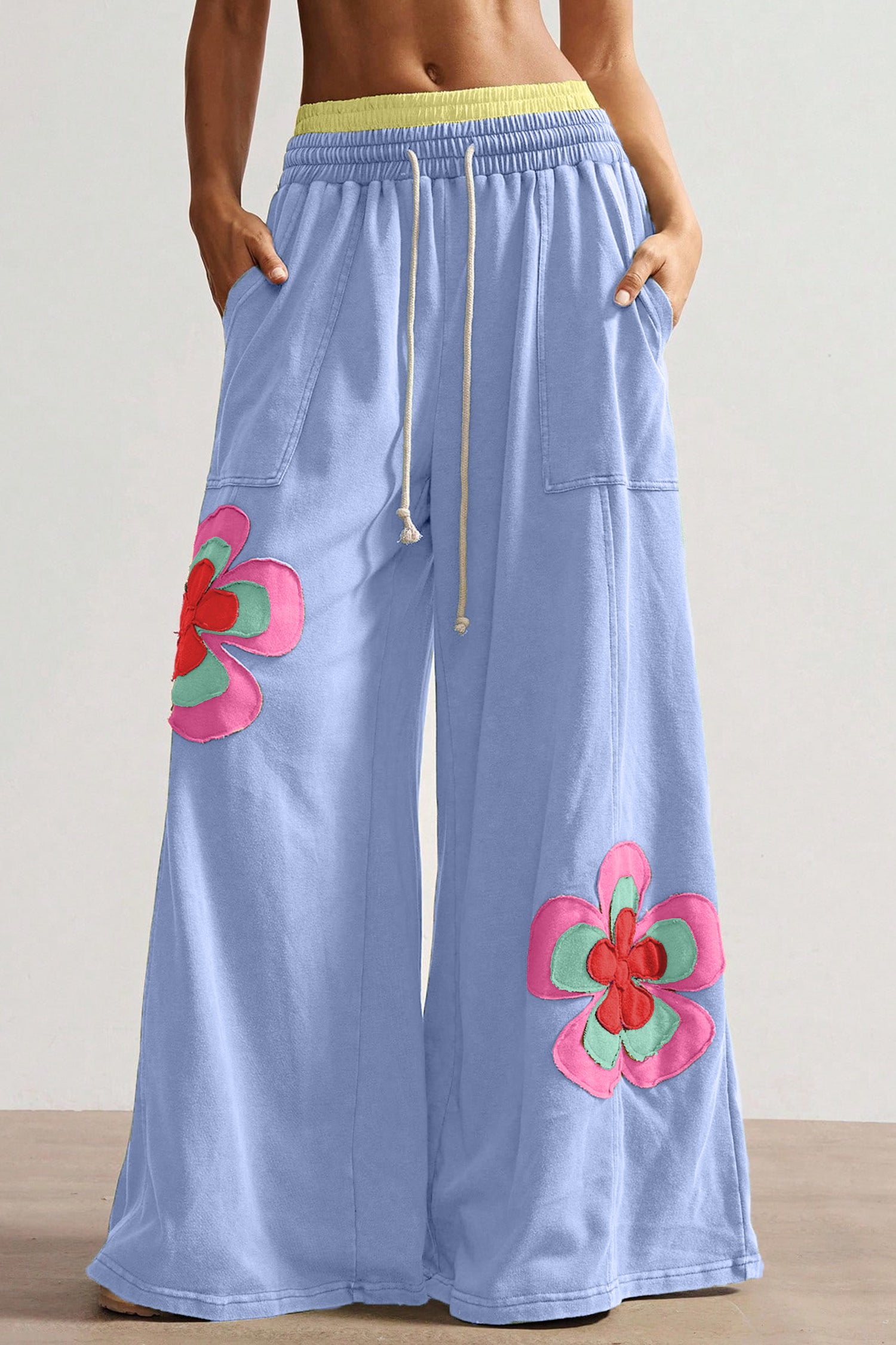 Sky Blue Color Block Flower Patchwork Drawstring Wide Leg Pants