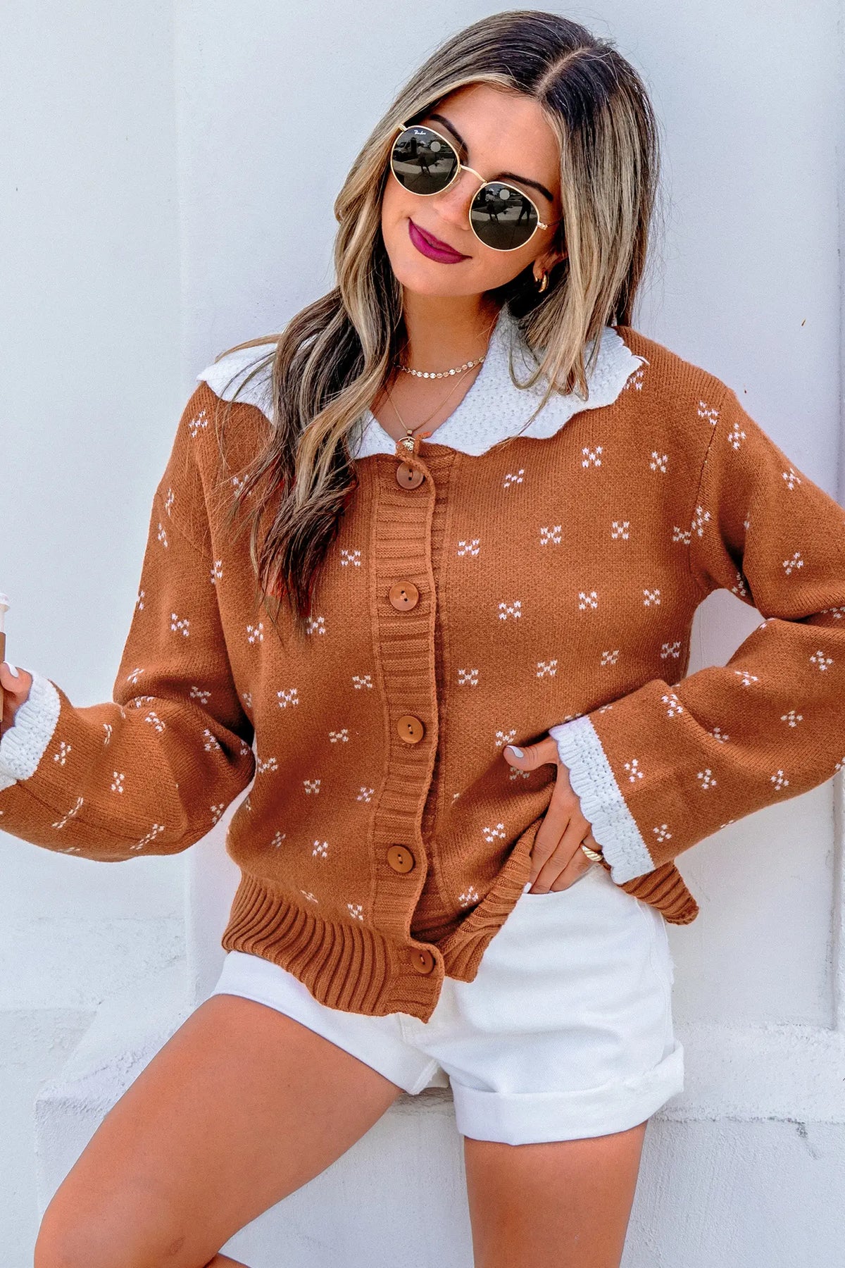 Peter Pan Collar Colourblock Long Sleeve Knitwear Cardigan – Russet Orange