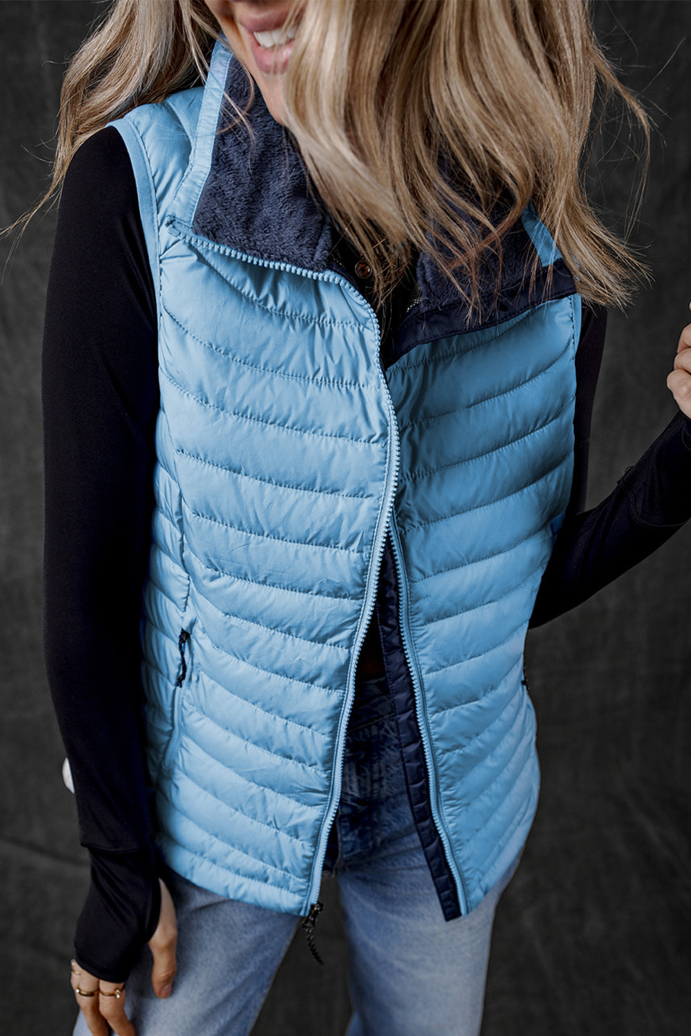 Sky Blue Plush Collared Quilted Zipped Puffer Vest - eAura