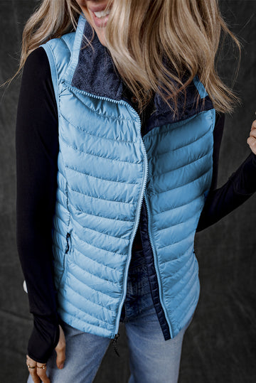 Sky Blue Plush Collared Quilted Zipped Puffer Vest - eAura