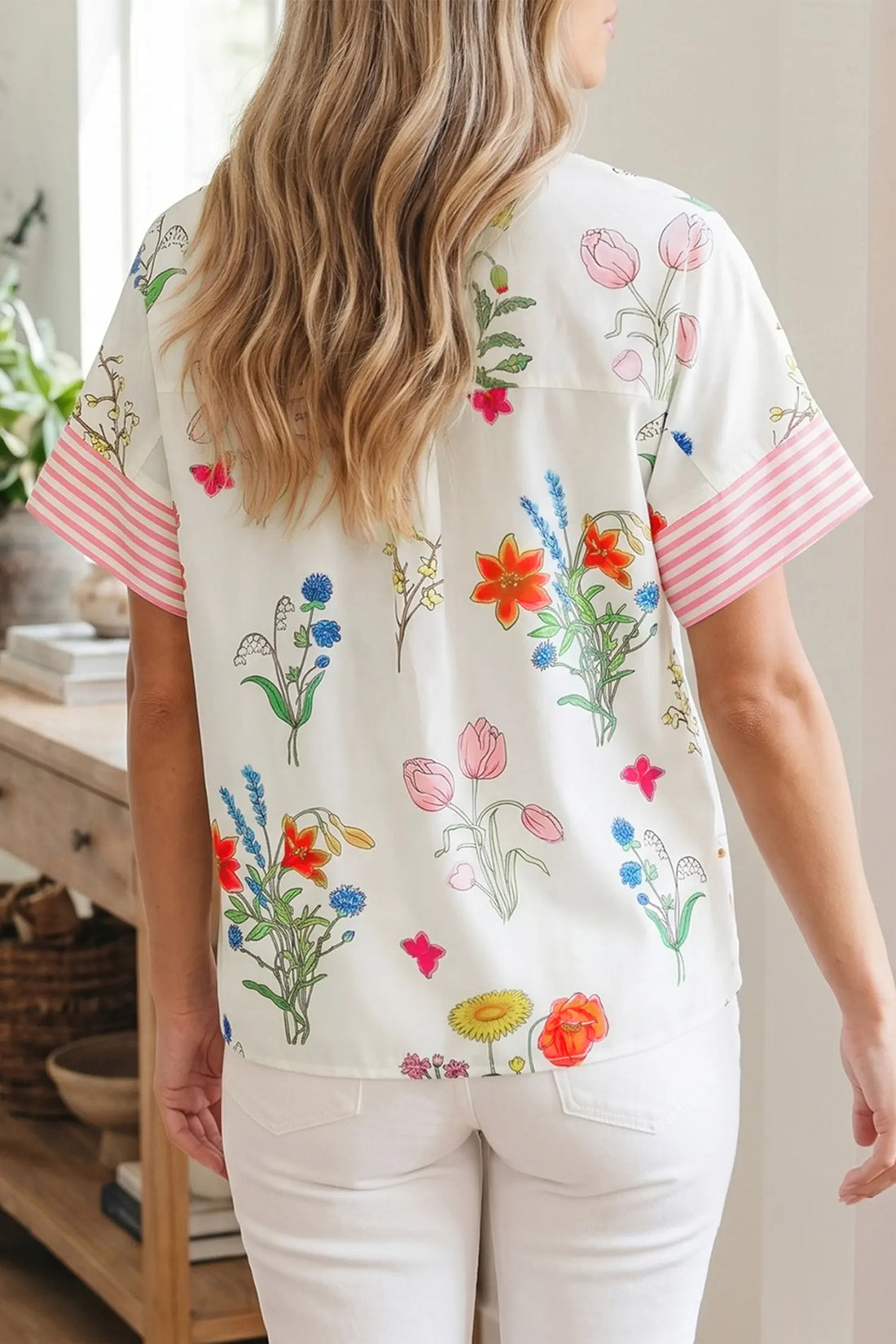 Floral Striped Patchwork Ruffled Collar Short Sleeve Shirt – Beige