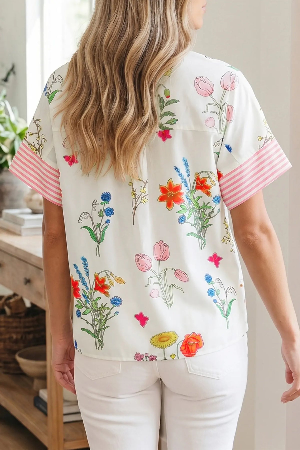 Floral Striped Patchwork Ruffled Collar Short Sleeve Shirt – Beige