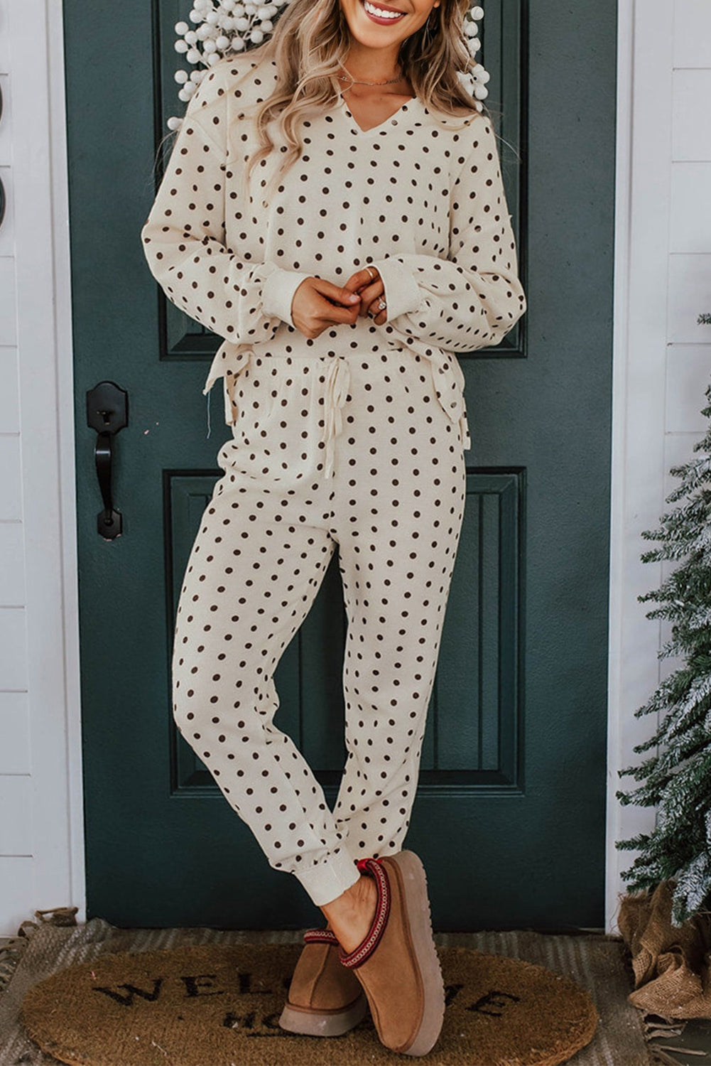 White Polka Dot Print Long Sleeve Top and Drawstring Bottoms Pyjamas eAura