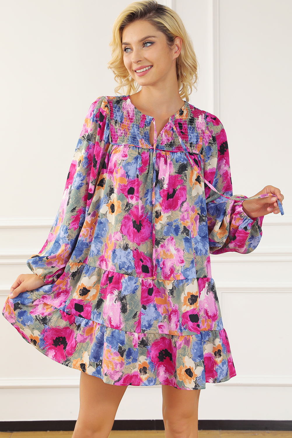 Multicolour Floral Tie Neck Bubble Sleeve Shift Dress eAura