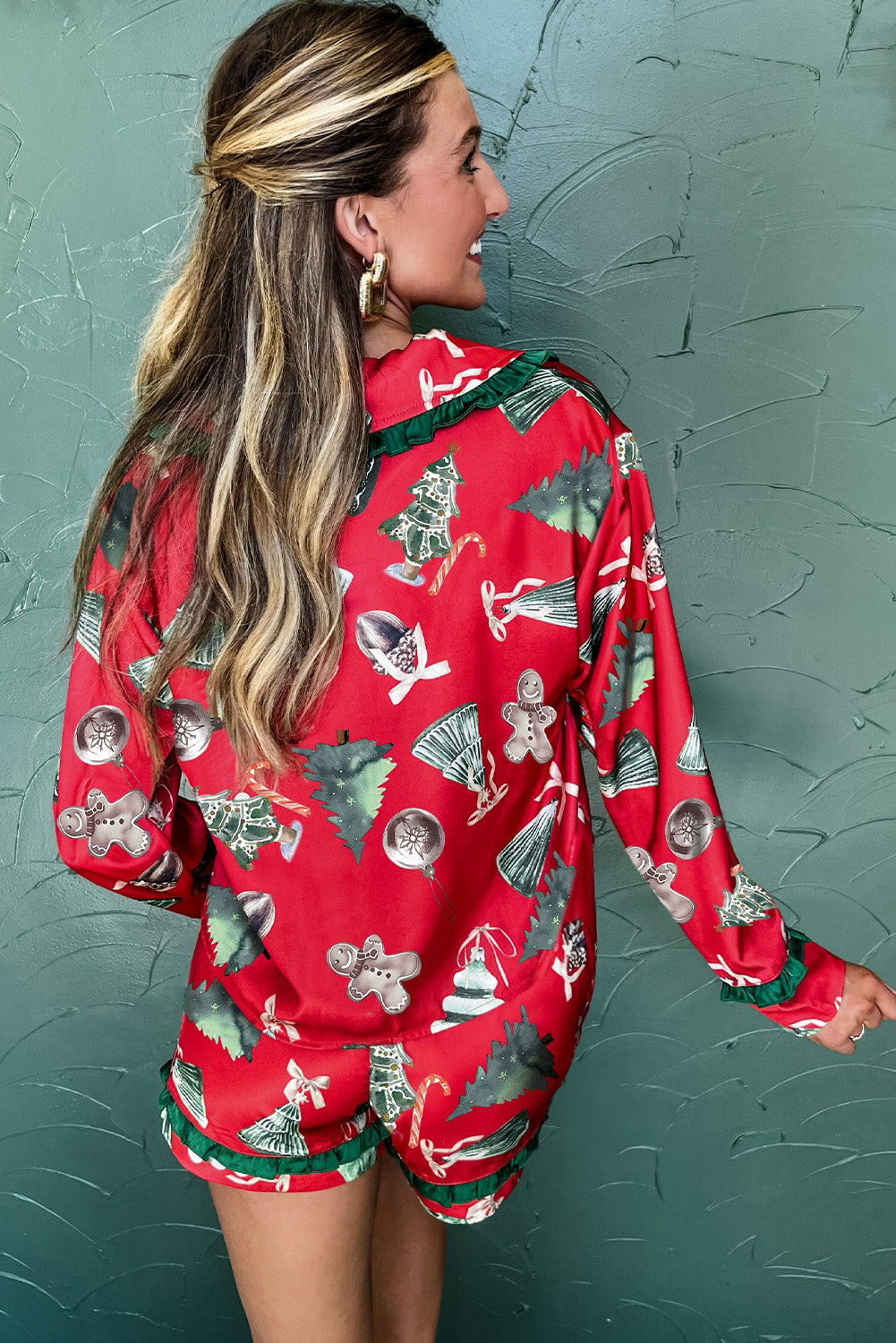 Red Christmas Contrast Ruffle Trim Ribbon Bow Knot Pyjamas - eAura