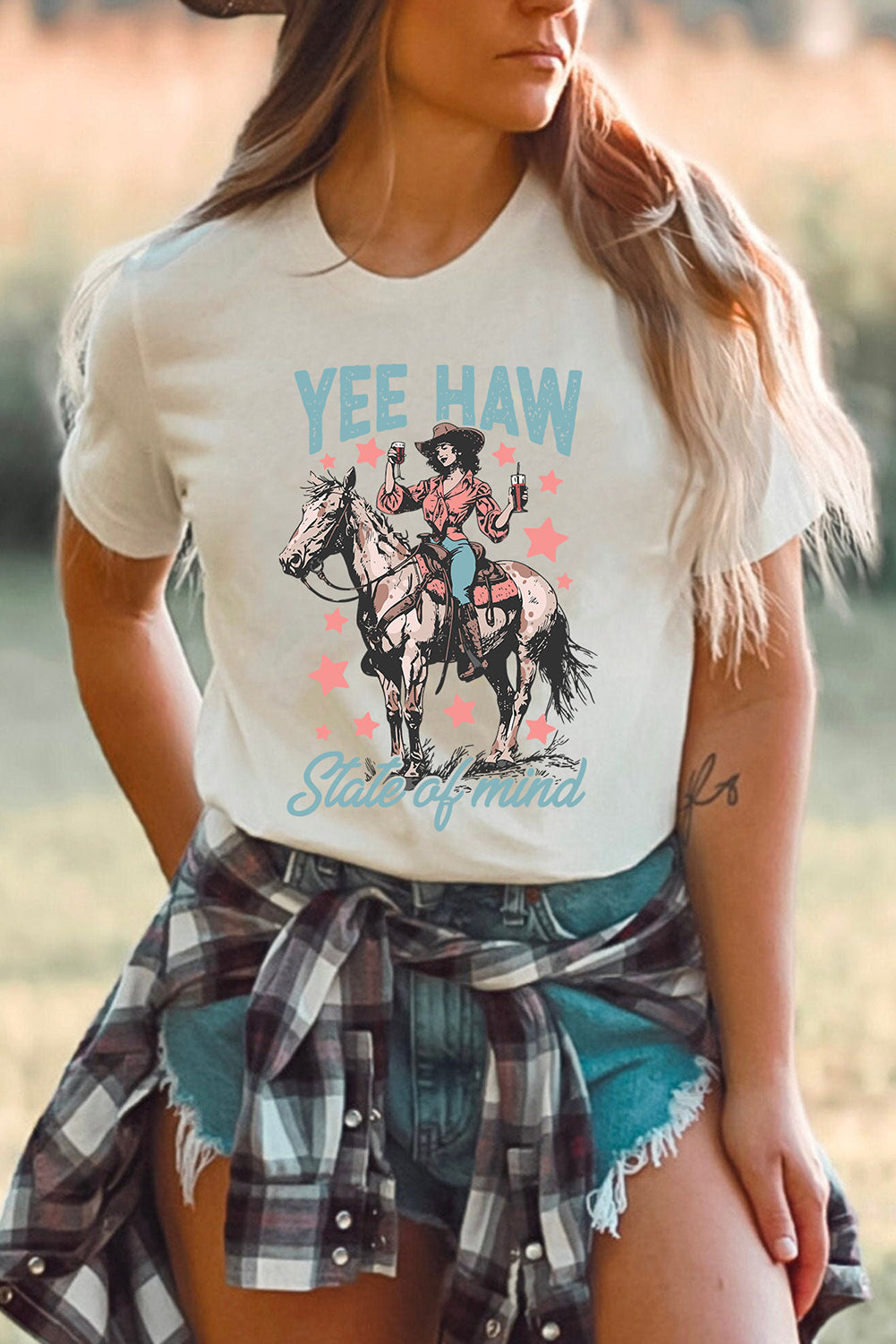 White YEE HAW State of mind Cowgirl Graphic Western Fashion Tee Dear-Lover Dropshipping