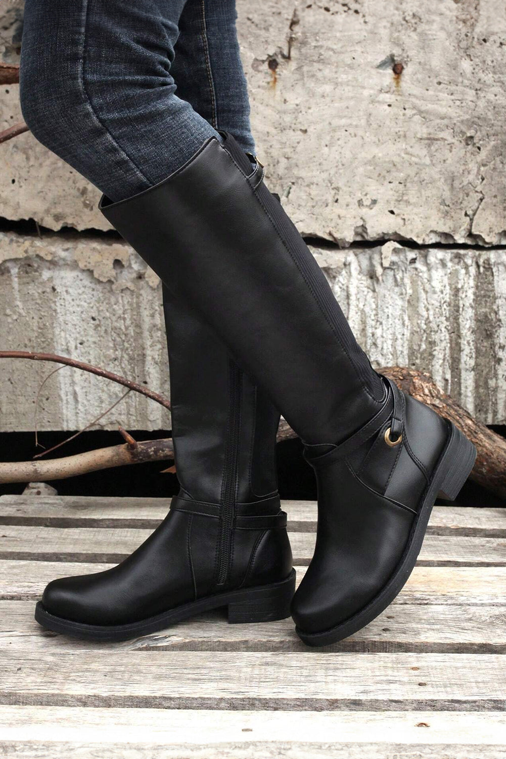 Black Side Zipper Knee High Chunky Low Heel Boots - eAura