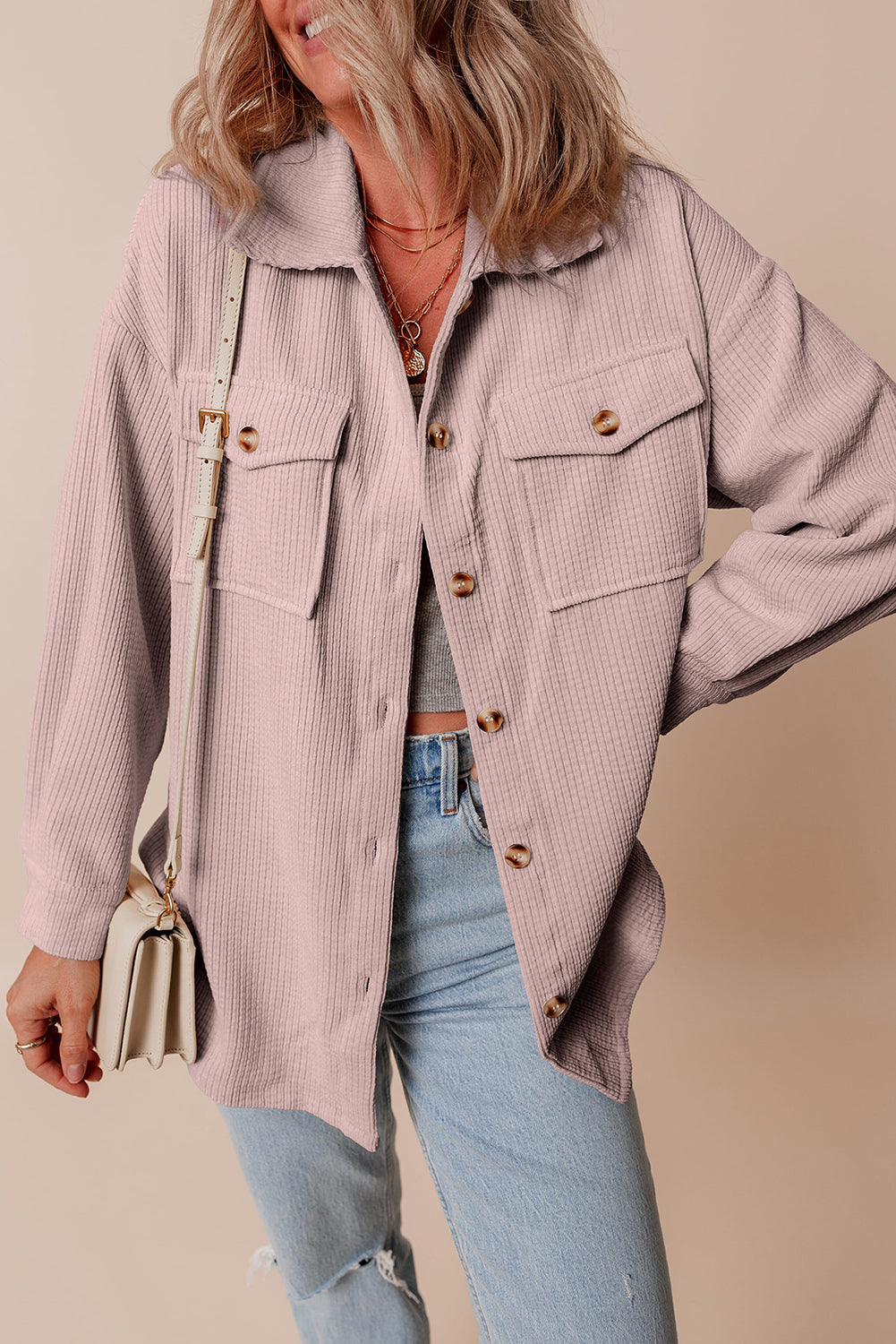 Light Pink Corduroy Flap Pocket Button Up Shacket Beagle Boutique Fashion Outlet