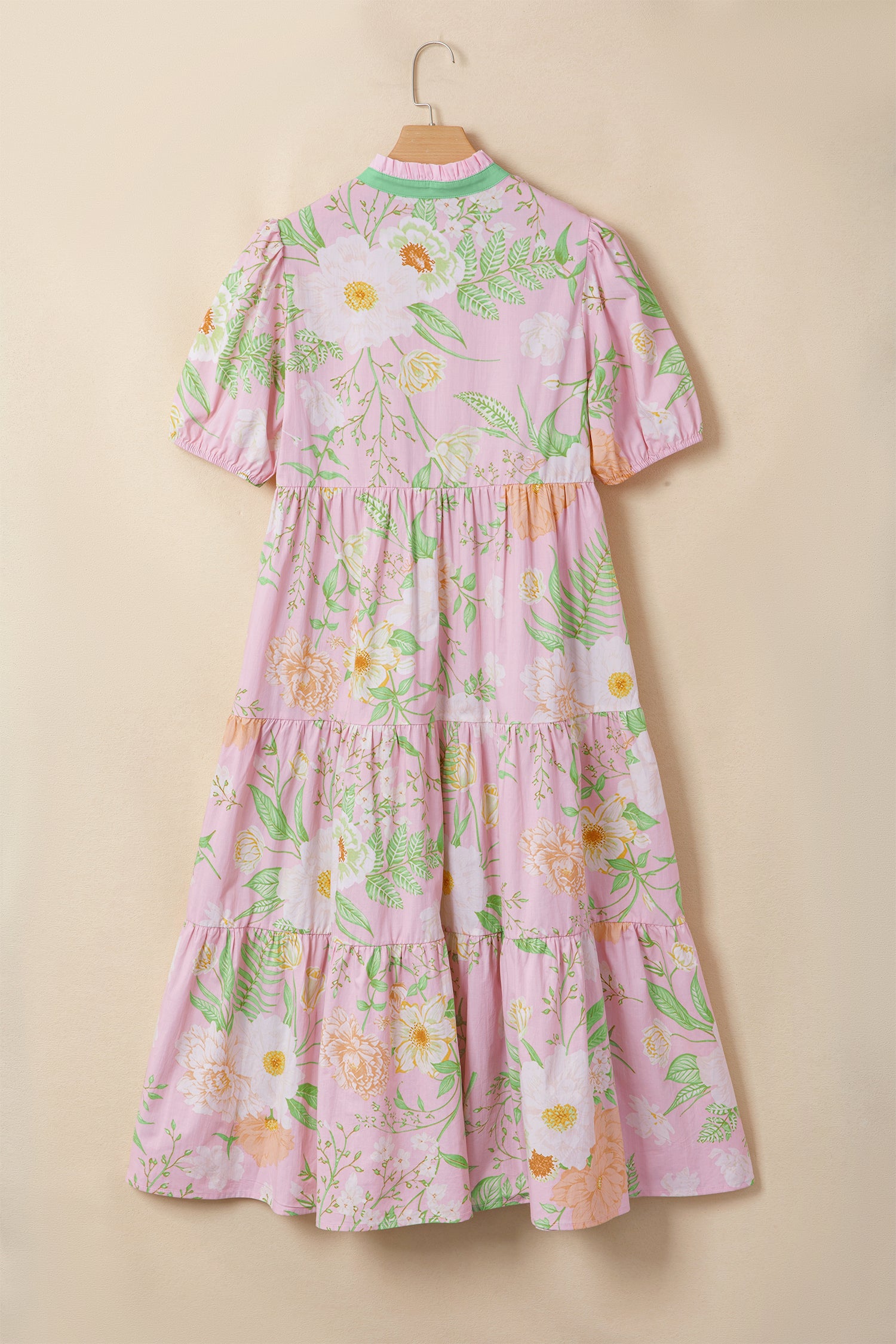 Floral Print Short Puff Sleeve High Waist Tiered Maxi Dress – Pink