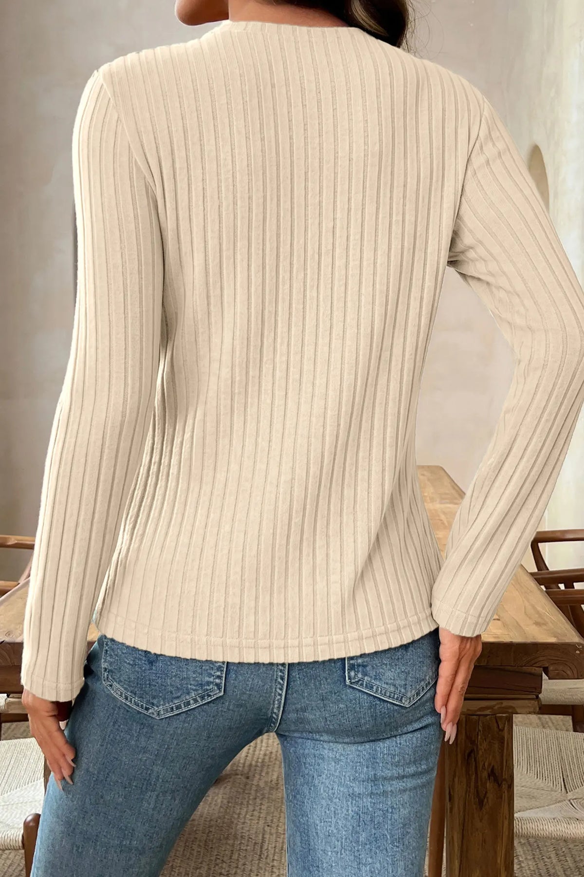 Apricot Solid Colour Ribbed Knit Cowl Neck Long Sleeve Top – Beige