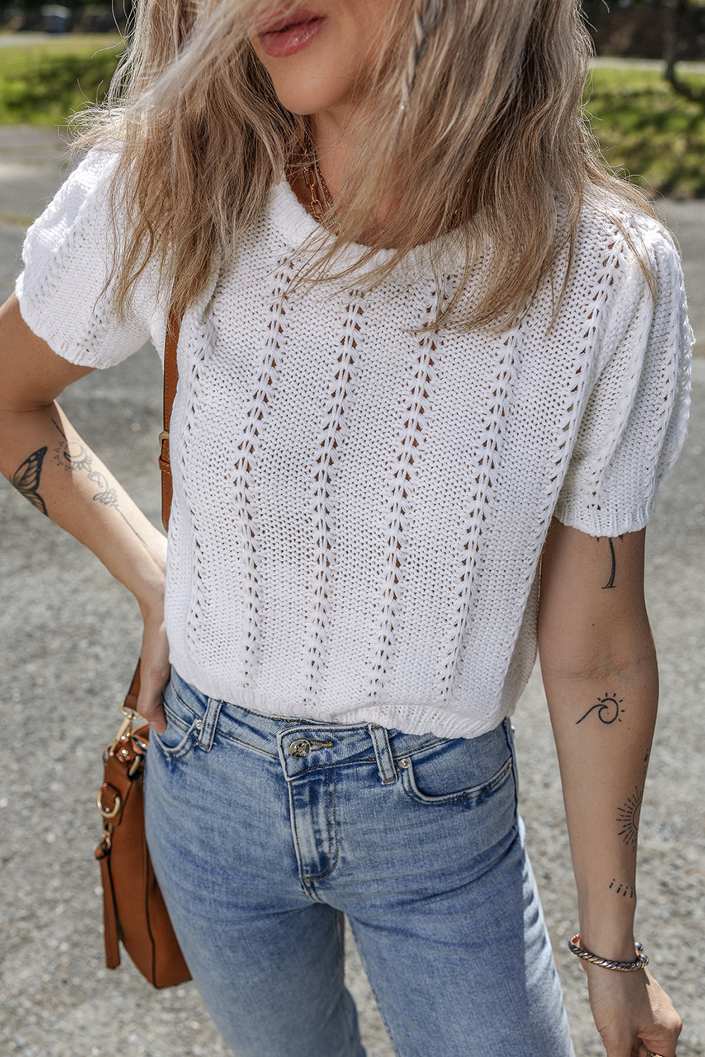 White Pointelle Knit Short Puff Sleeve Crewneck Sweater eAura