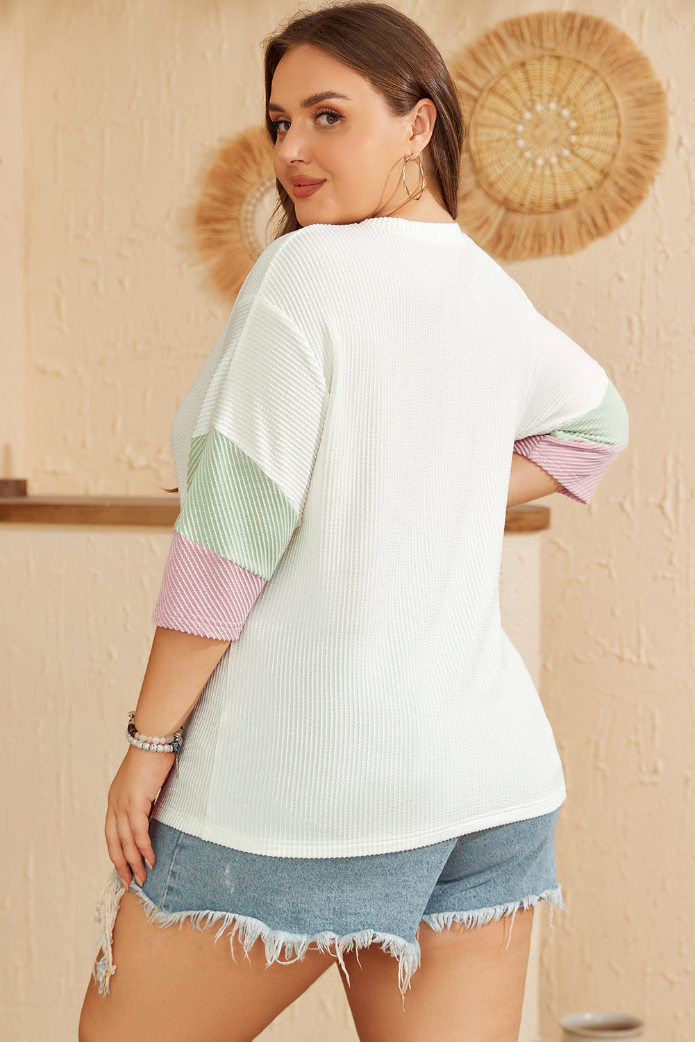 White Textured Colourblock Patchwork Half Sleeve Plus T Shirt BB Fashion Outlet