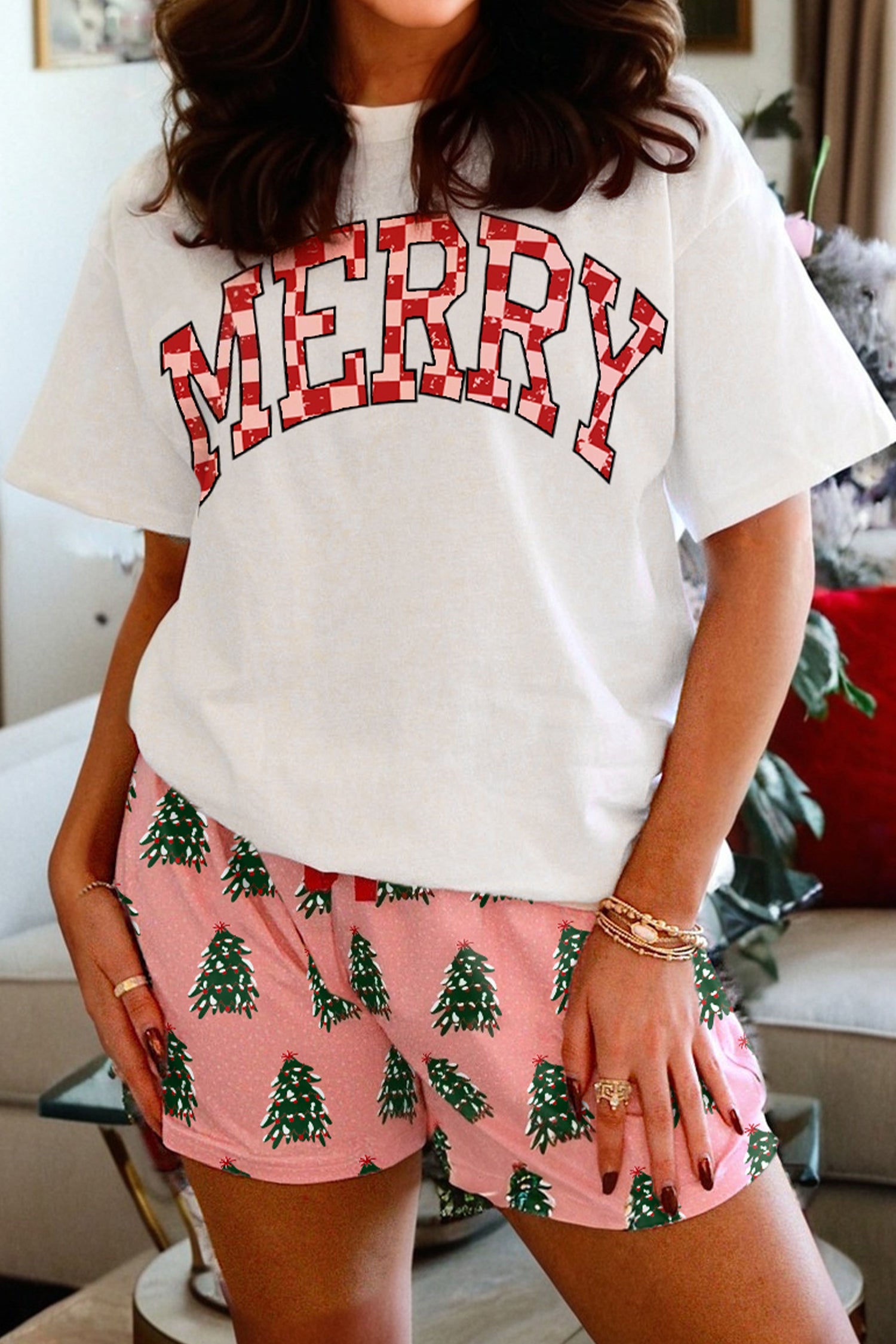 Checkered MERRY Graphic Christmas Tree Print Short Lounge Set - eAura