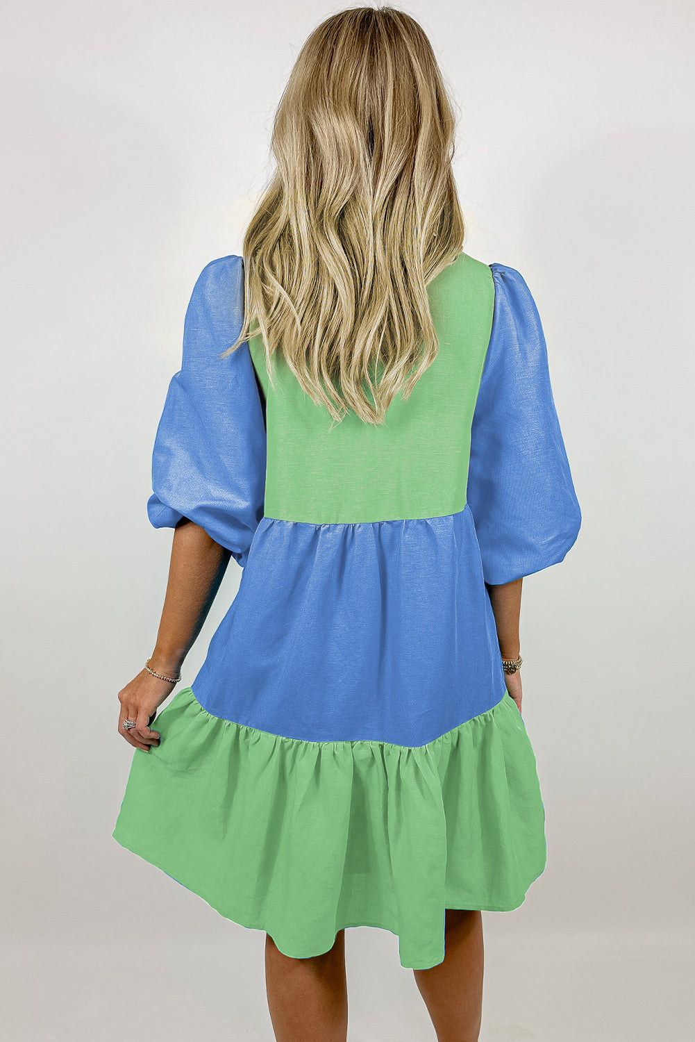 Dark Blue Colourblock Frilled V Neck Puff Half Sleeve Shift Dress eAura