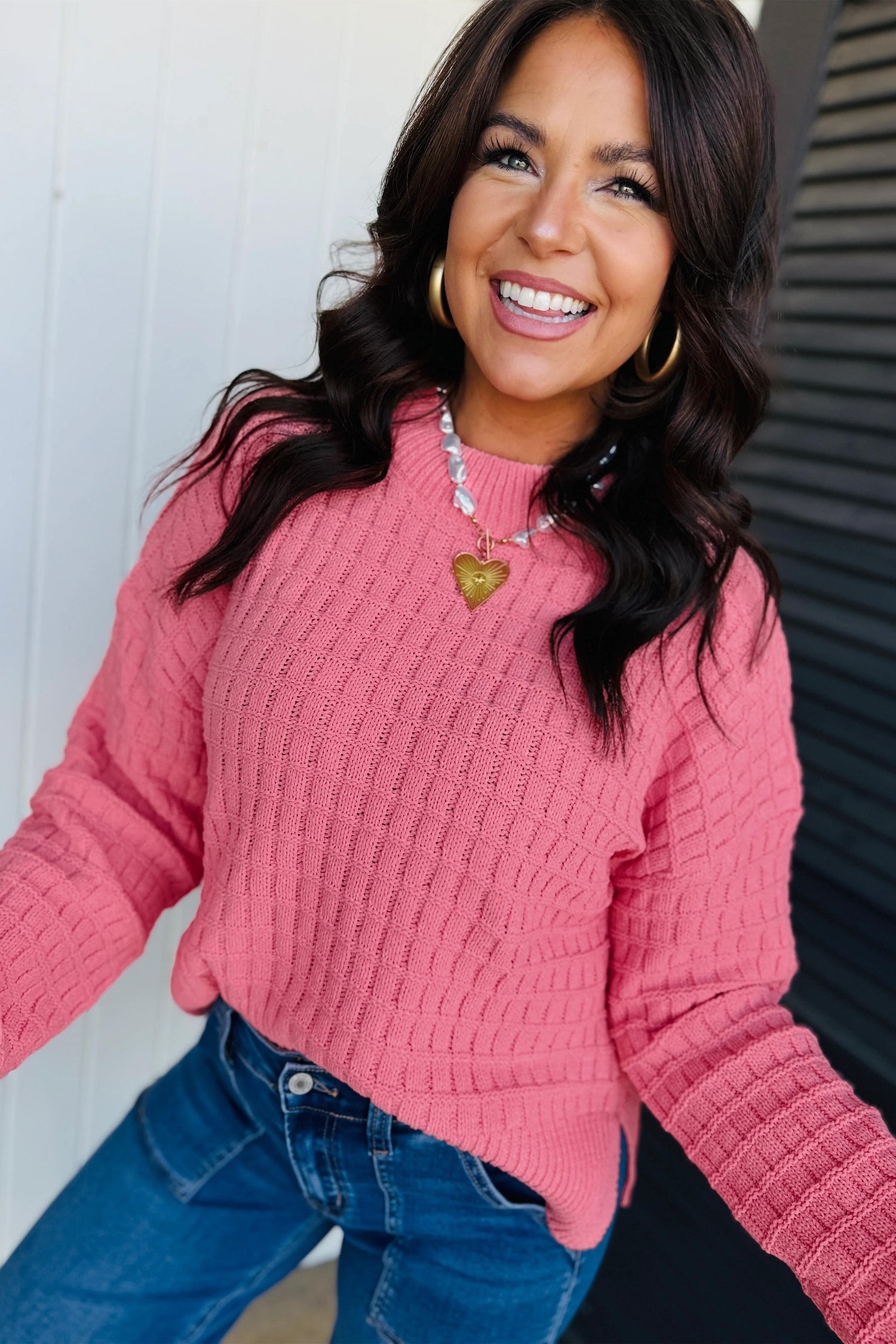 Drop Shoulder Long Sleeve Knit Regular Fit Sweater – Peach Blossom